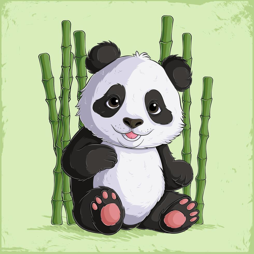 Hand drawn cute little panda sitting with bamboo sticks on behind isolated on green background vector