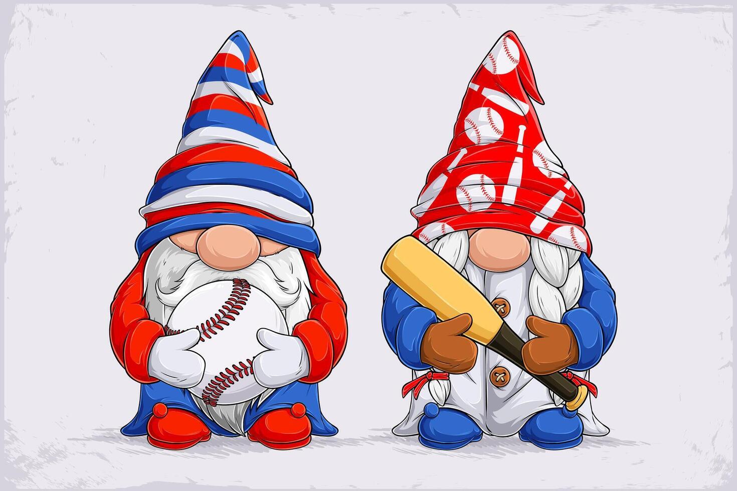 Hand drawn cute gnomes in red and blue disguise holding baseball ball and bat on their hands vector
