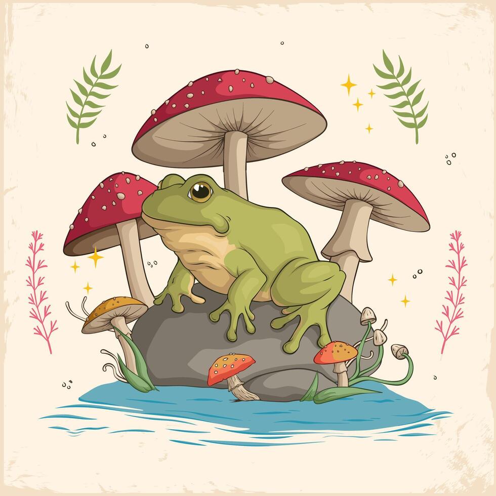 Hand drawn Cottagecore Goblincore Frog sitting on rock,Mushroom and water. Cottagecore style frog vector