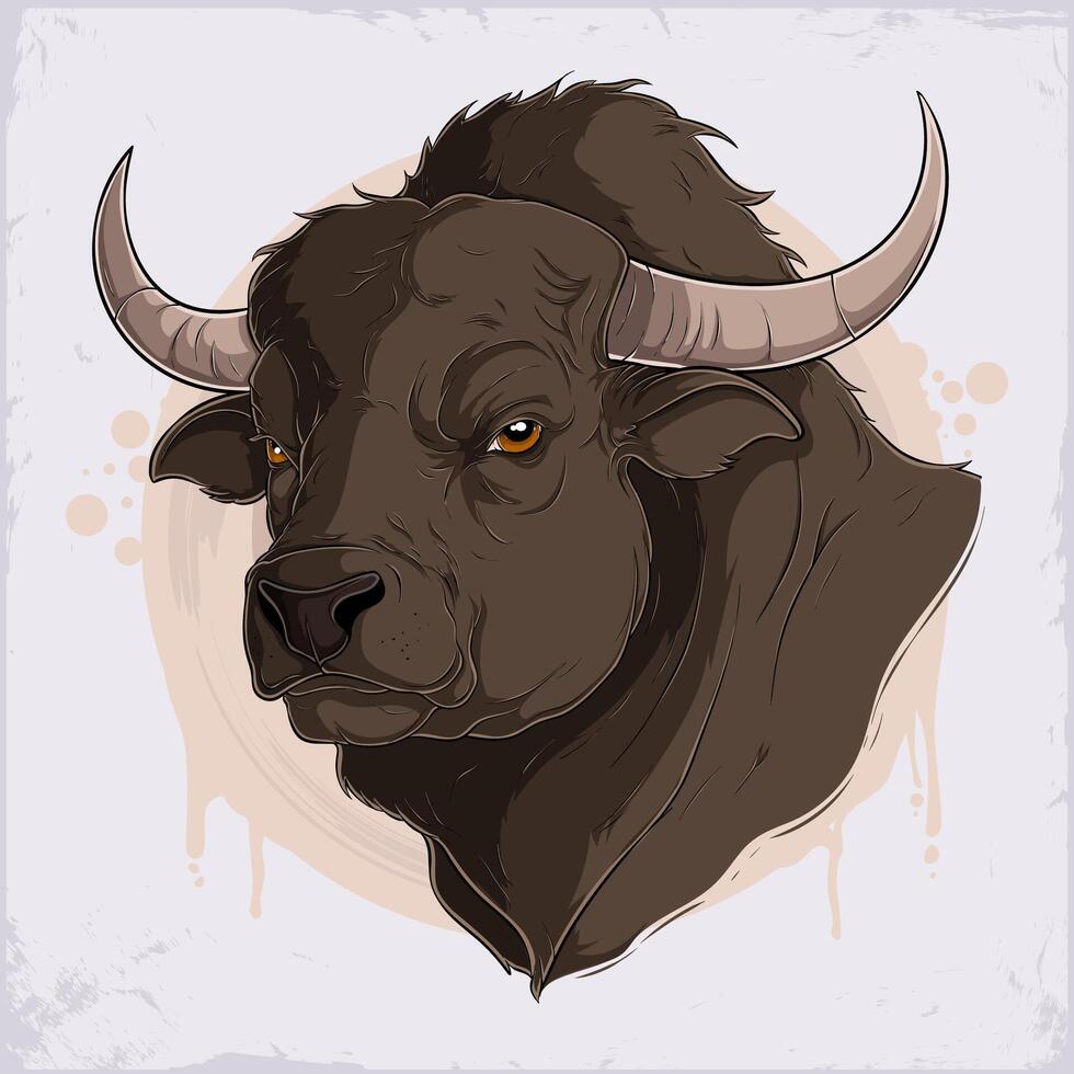 Hand drawn angry huge American buffalo head with aggressive horns isolated on white background vector