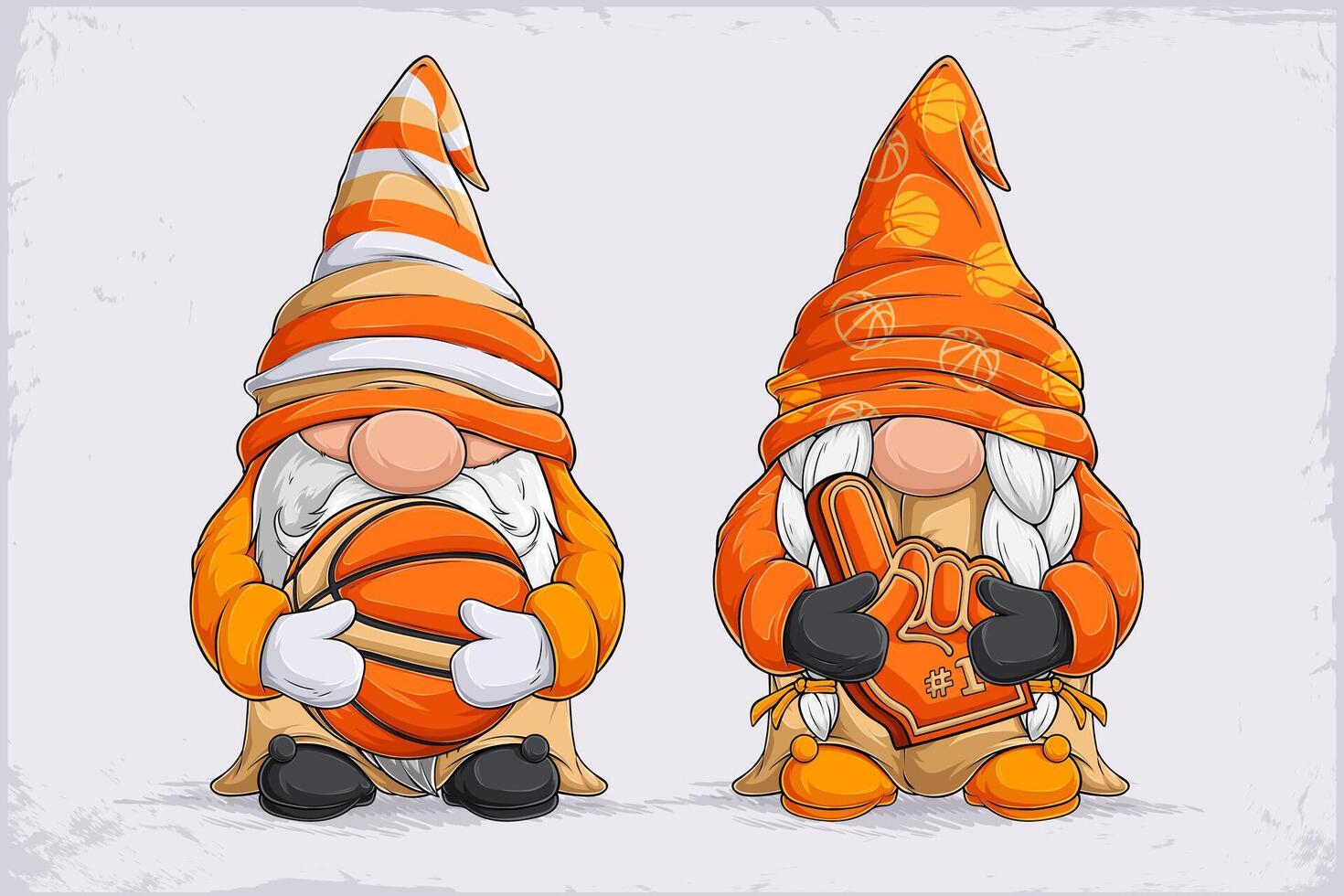 Hand drawn cute gnomes in orange and white disguise holding Basketball ball and foam finger vector