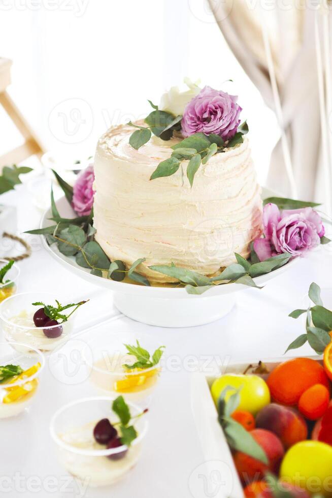 Candy bar with cake, tiramisu, panna cotta and citrus photo