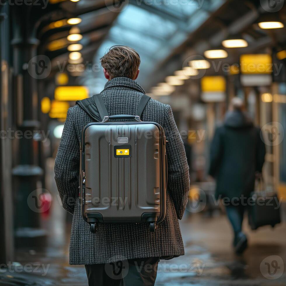 A traveler with suitcase featuring Wi Fi badge walks through bustling airport terminal, showcasing modern travel convenience and technology. atmosphere is vibrant and dynamic photo
