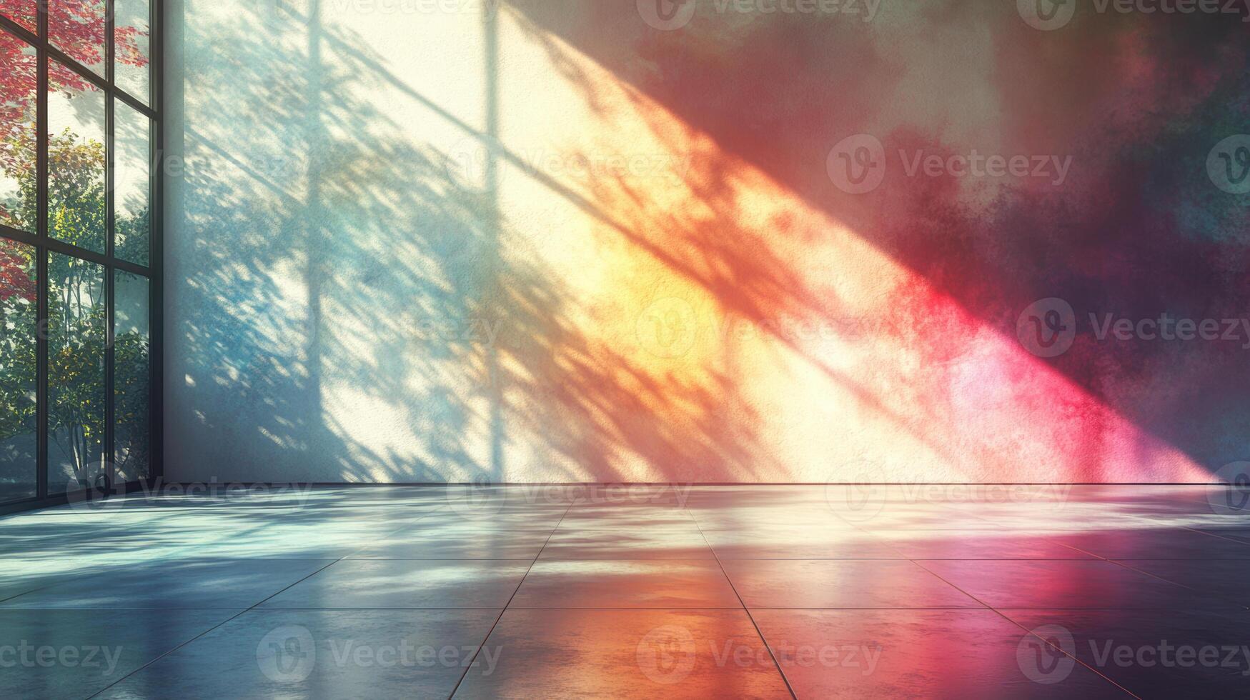 A serene interior space featuring colorful wall with shadows and sunlight creating vibrant atmosphere. interplay of light and color evokes sense of calm and inspiration photo