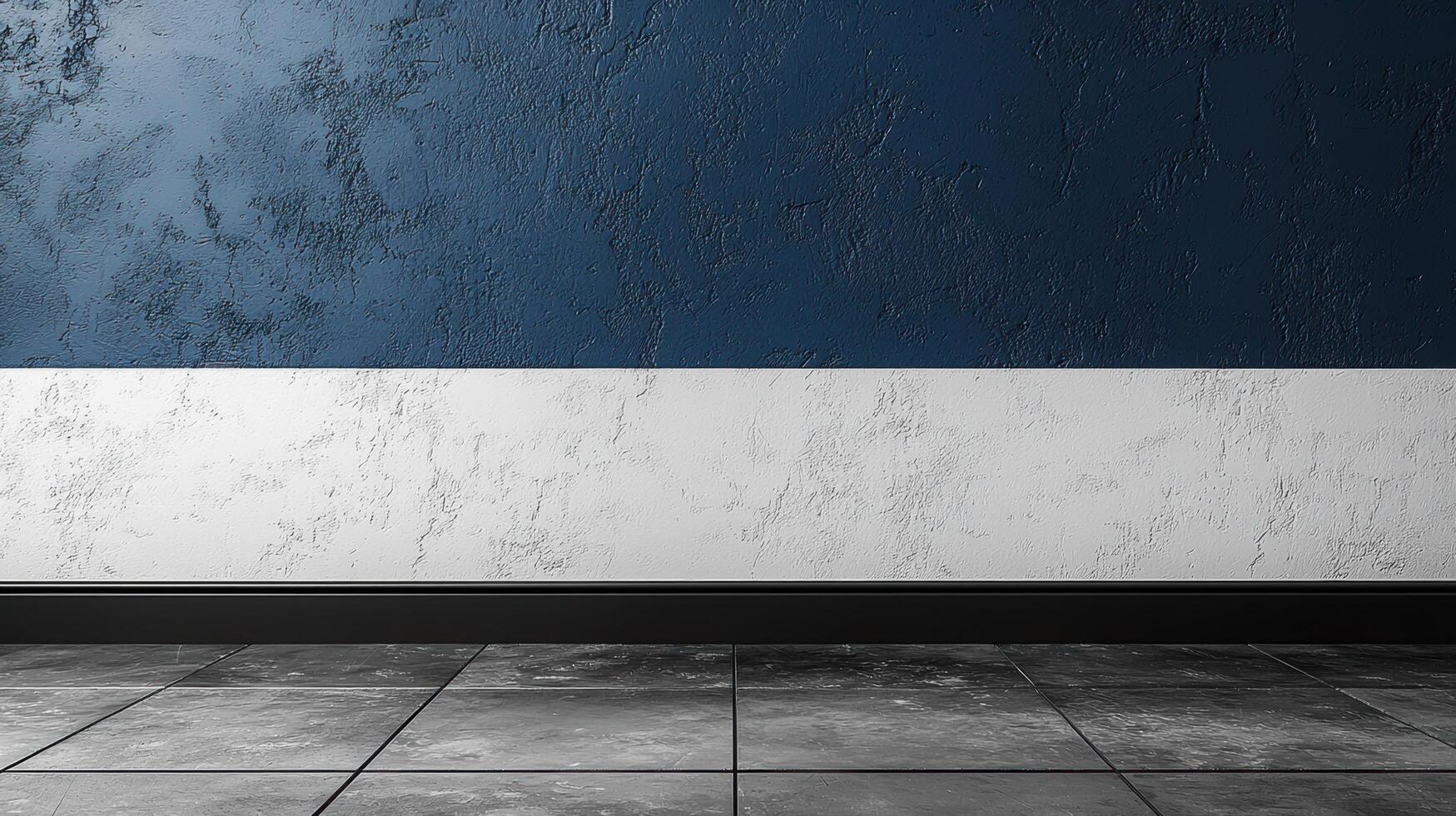 A minimalist background image featuring textured blue wall with white stripe at bottom, complemented by dark tiled floor. This design is perfect for website backgrounds or modern decor photo