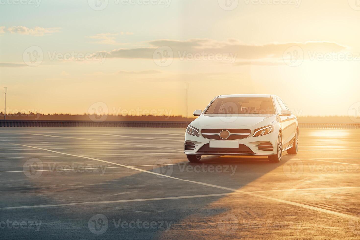 white car in an empty large parking lot in the rays of the sun during the golden hour. free parking concept photo