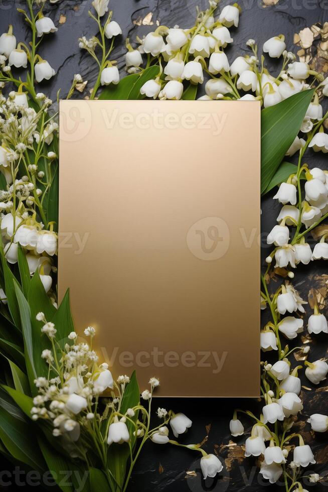 mockup of a postcard on gold paper A5 format in lily of the valley flowers on a dark background top view photo