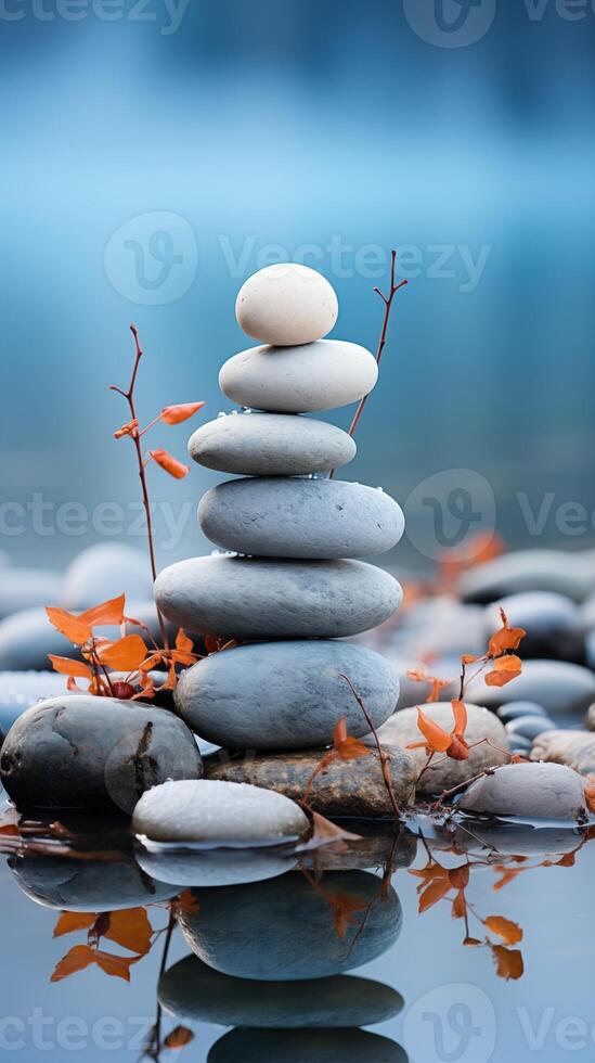 close up of Balanced rocks on a blue vertical background on a foreground of water. concept temporary sculpture made of stones as an example of art or the result of meditation photo