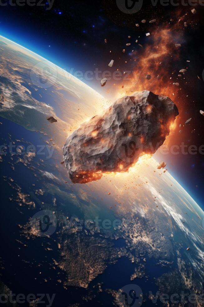 vertical photo of an asteroid hurtling towards earth