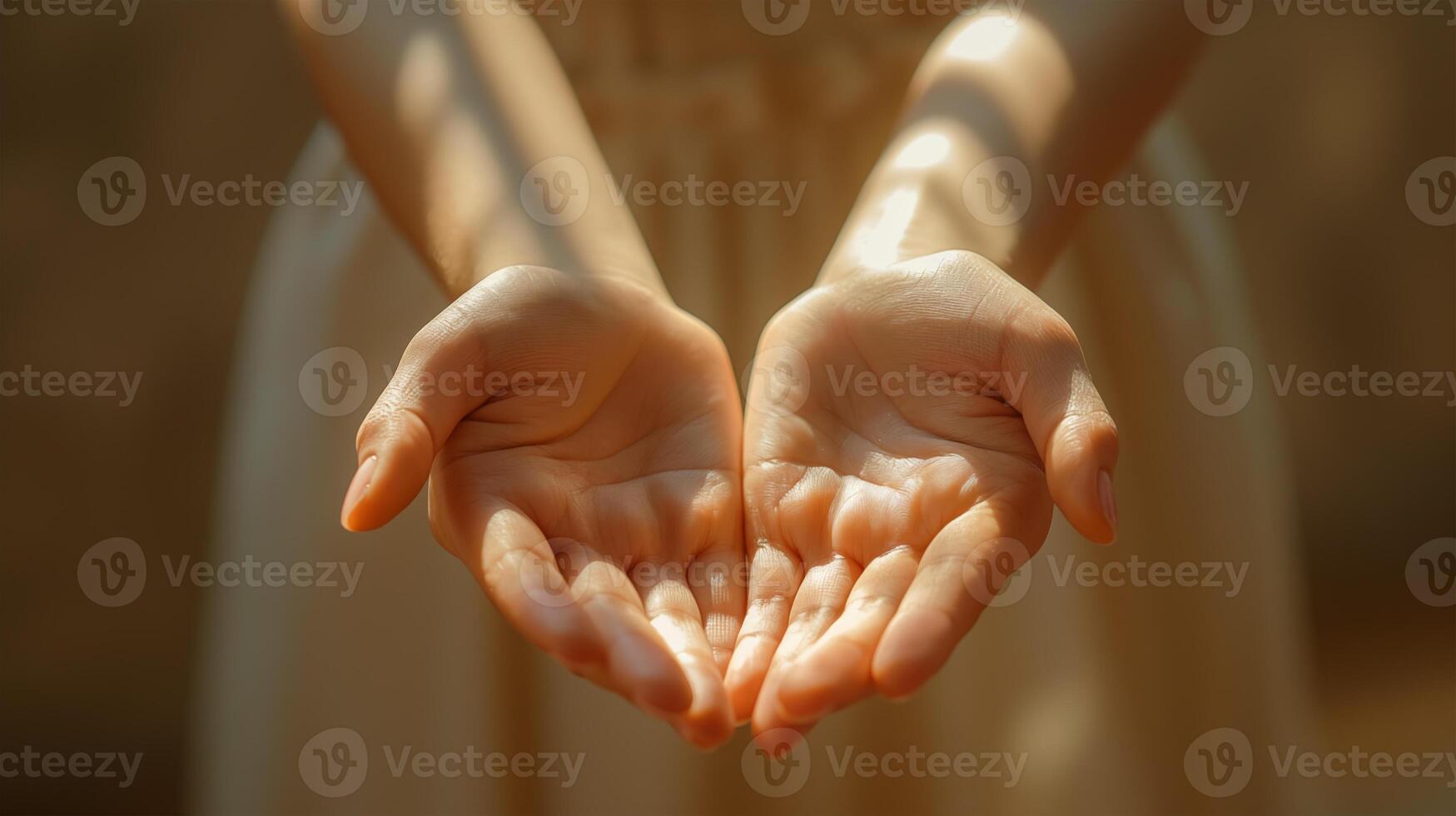 close-up of female hands close-up stretched together palms up. concept supplication, request photo