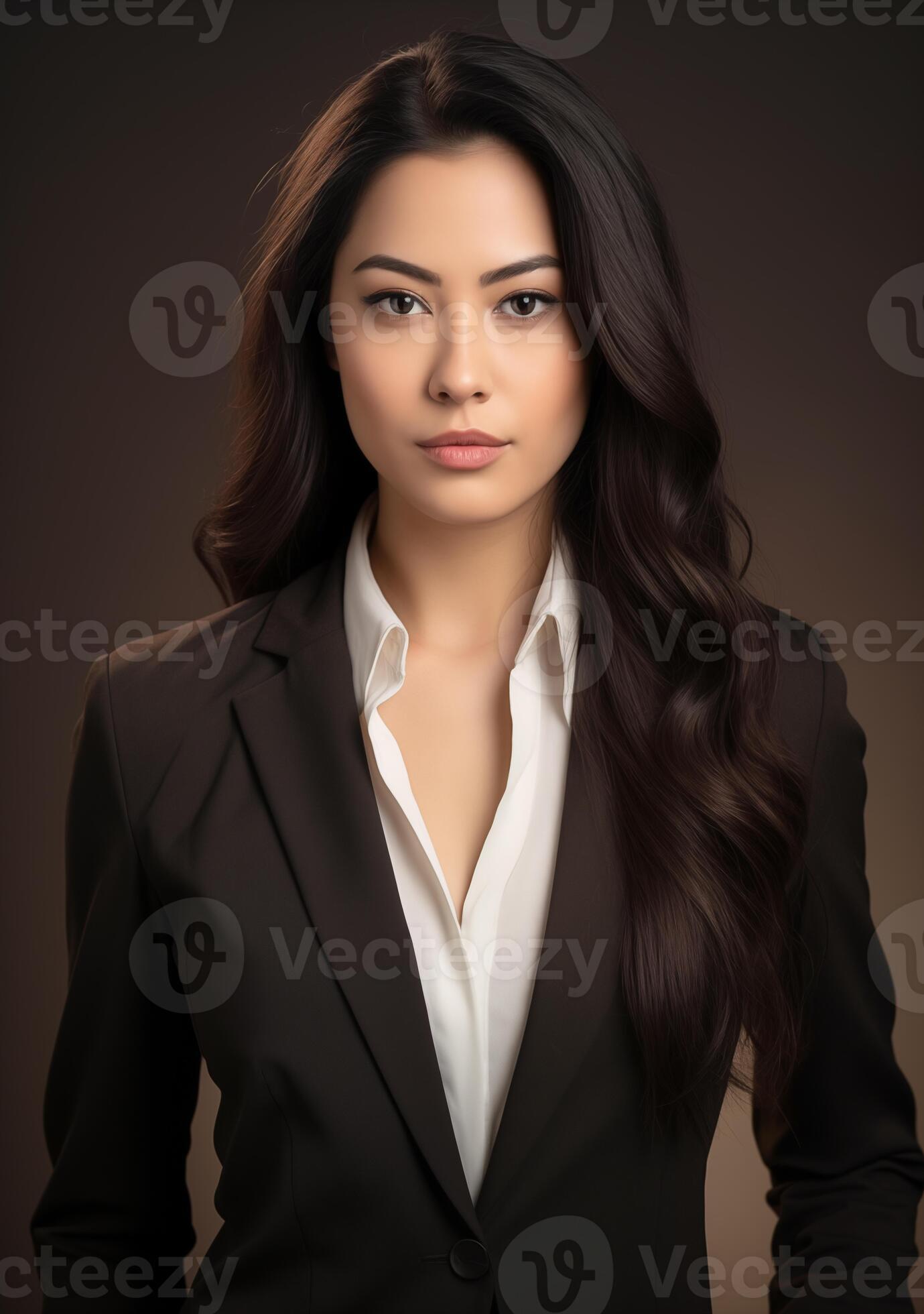 beautiful asian woman with loose dark hair in jacket and white shirt