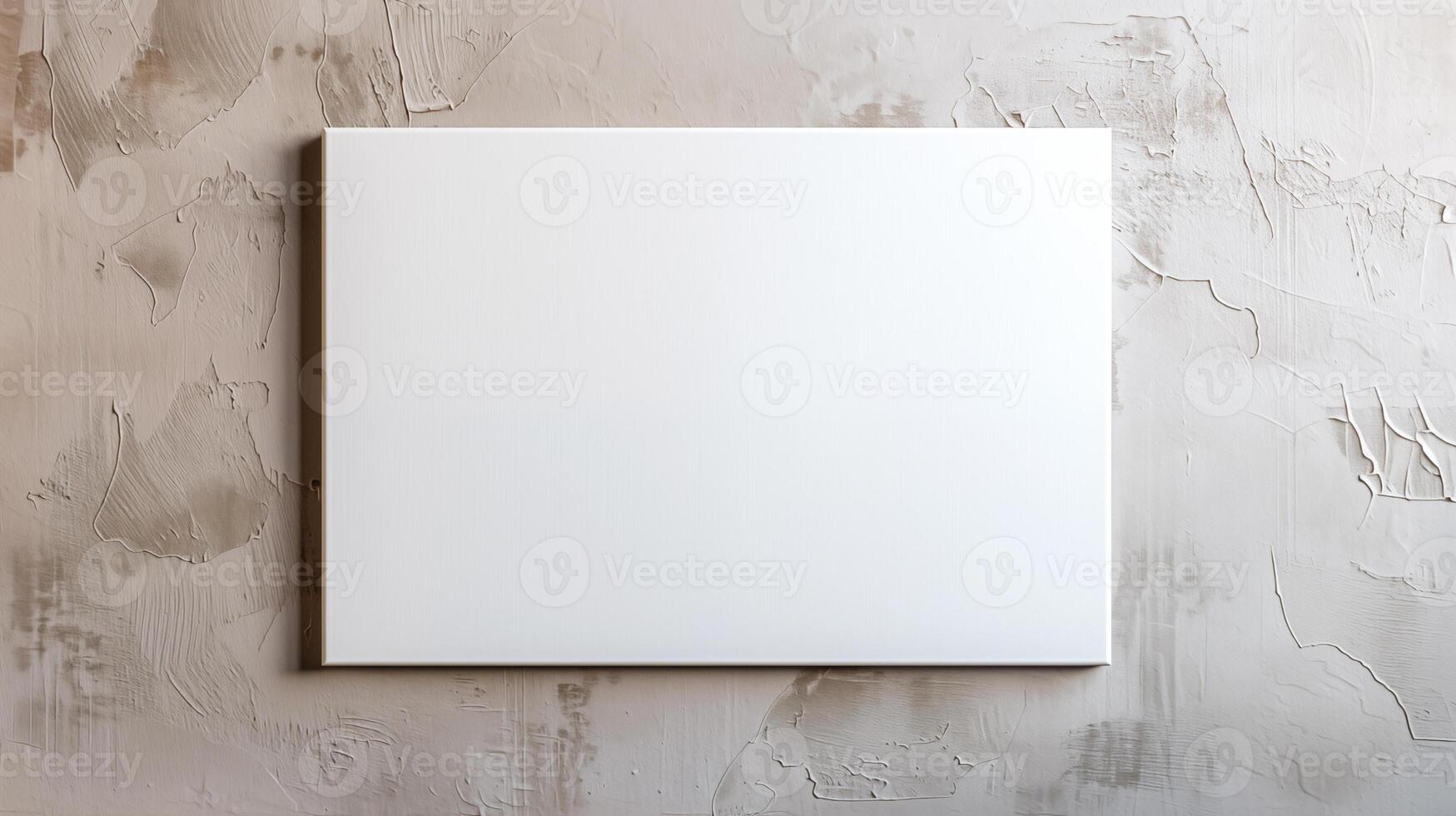 white canvas mockup on stretcher hanging on beige textured wall in loft style photo