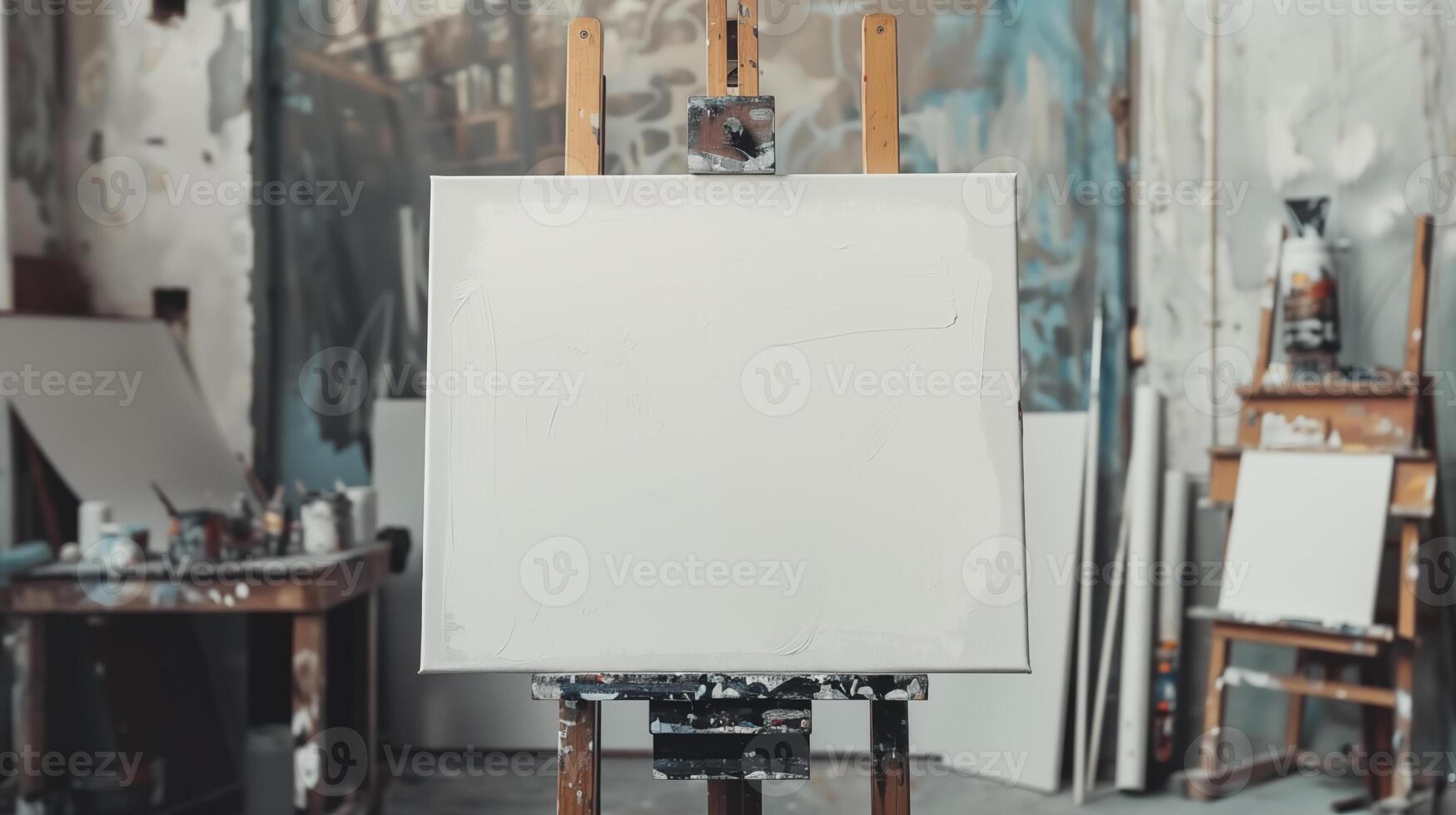 white textured canvas close-up front mounted on tripod or easel stained with paint, against background of art studio or art school photo