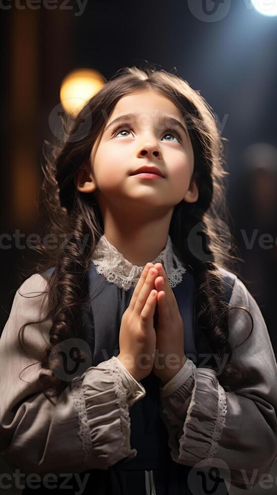 A small 8-year-old white brunette girl folded her hands in a prayerful gesture and looked up photo