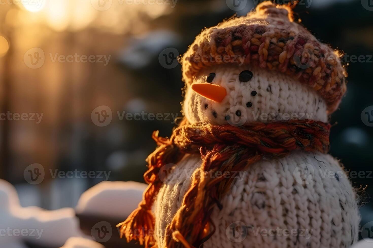 Close up of snowman with knit hat in the snow at sunset photo