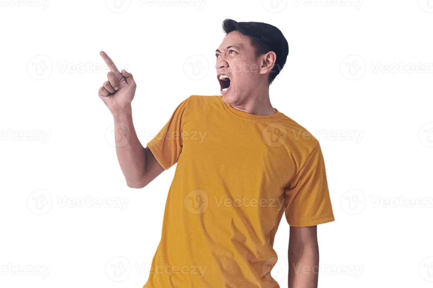 Portrait of an Asian man wearing a orange T-shirt, expressing surprise and shock with open palms, isolated against a white background. photo
