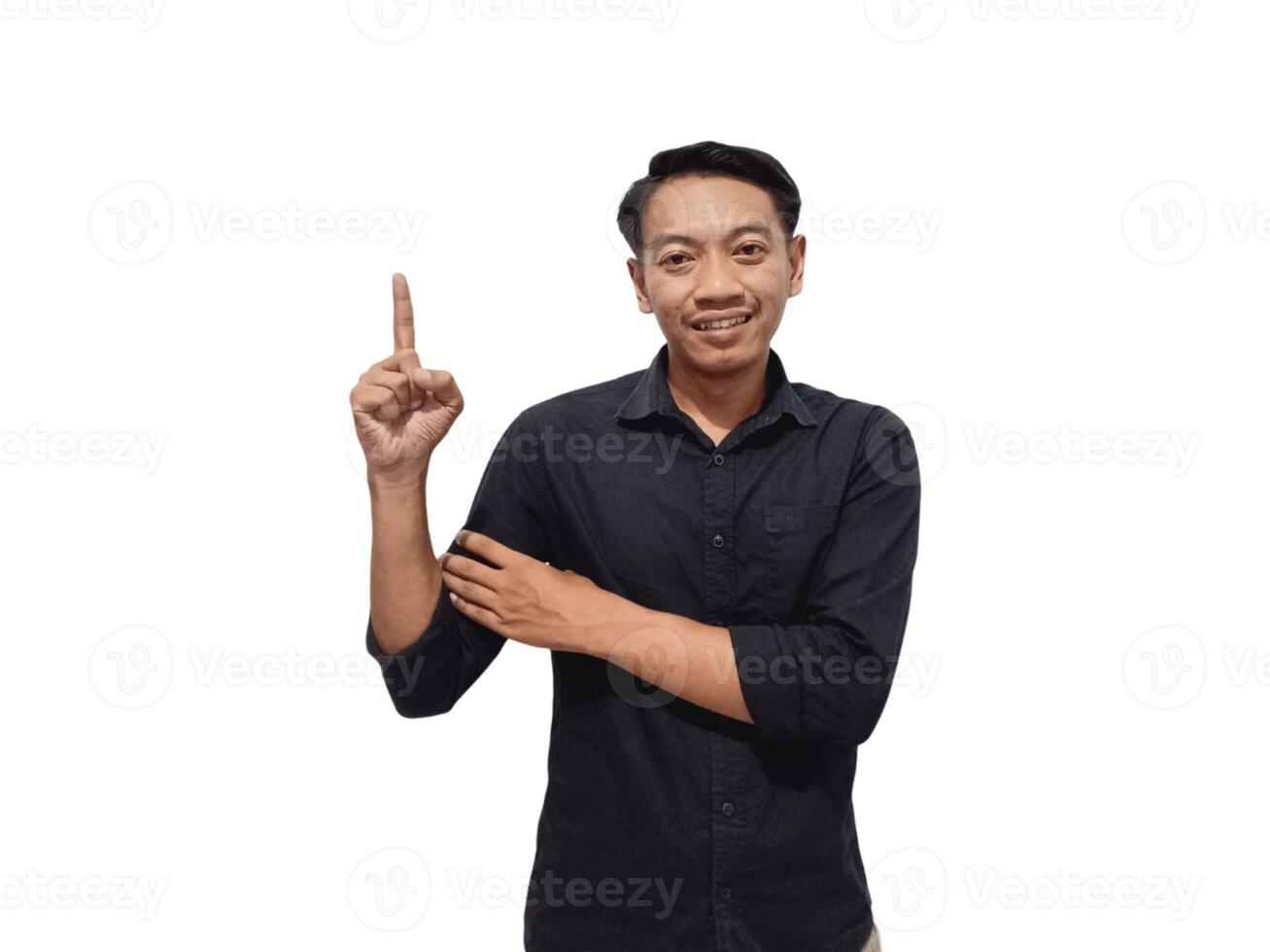Shocked young Asian man in casual shirt pointing finger aside at copy space isolated on white background. Great offer concept photo