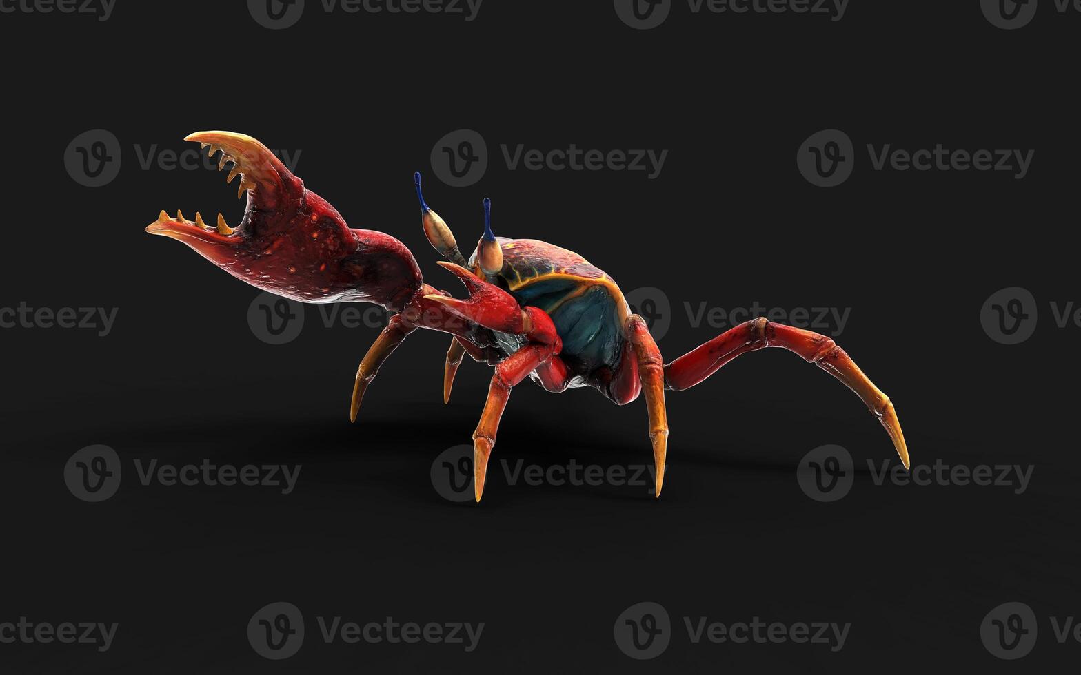 3d Illustration Pose of a Fiddler crab. Red crab isolate on Green background with clipping path. photo