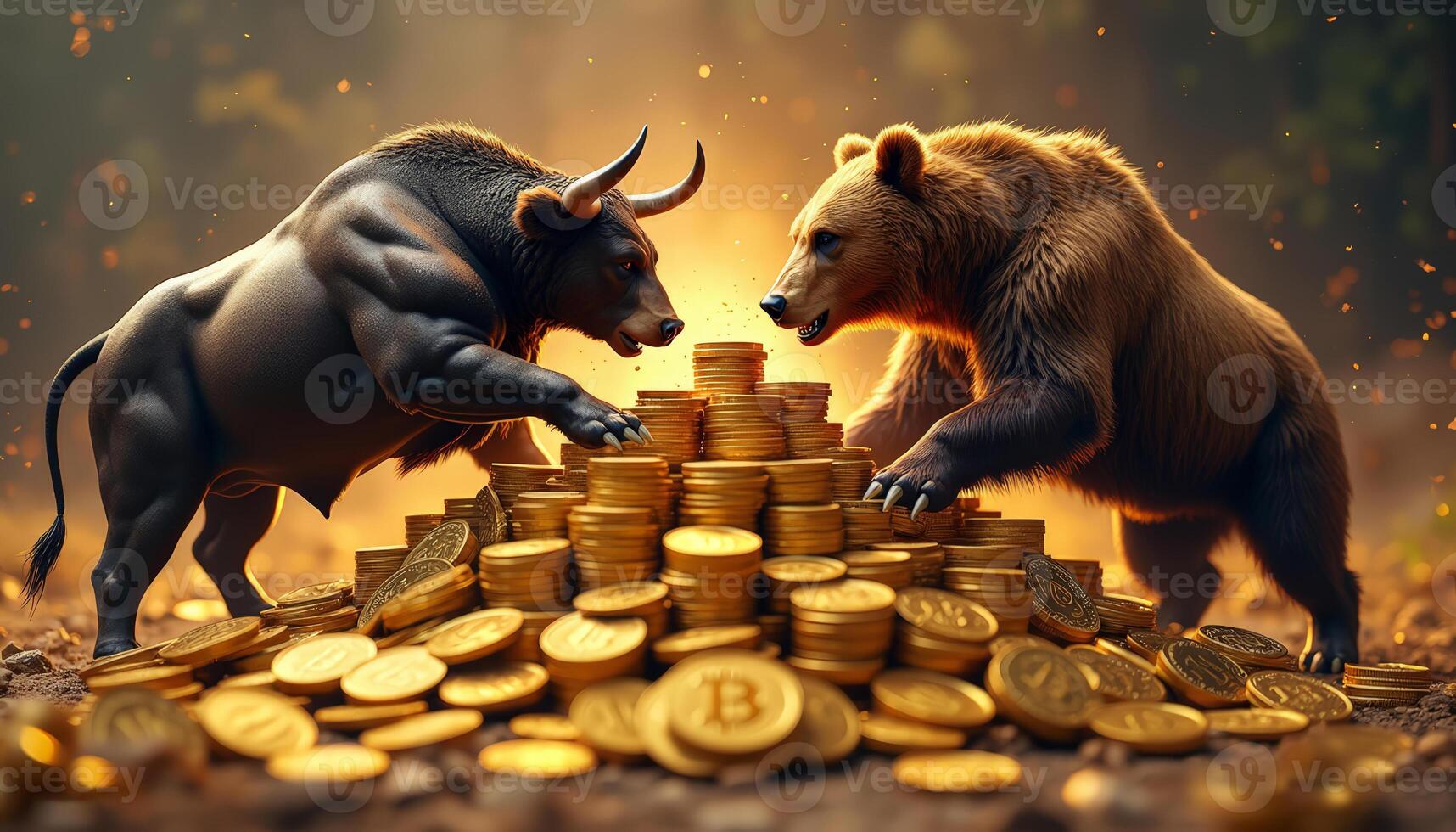 Bull vs bear, symbols of stock market trends, fierce market coins battle. photo