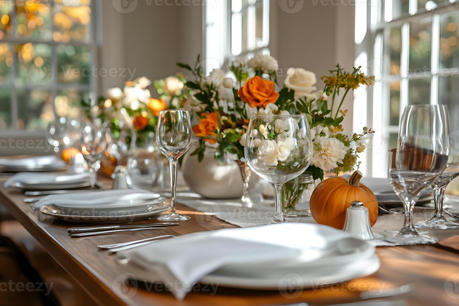 Festively decorated Thanksgiving dinner table with autumn decorations. . photo