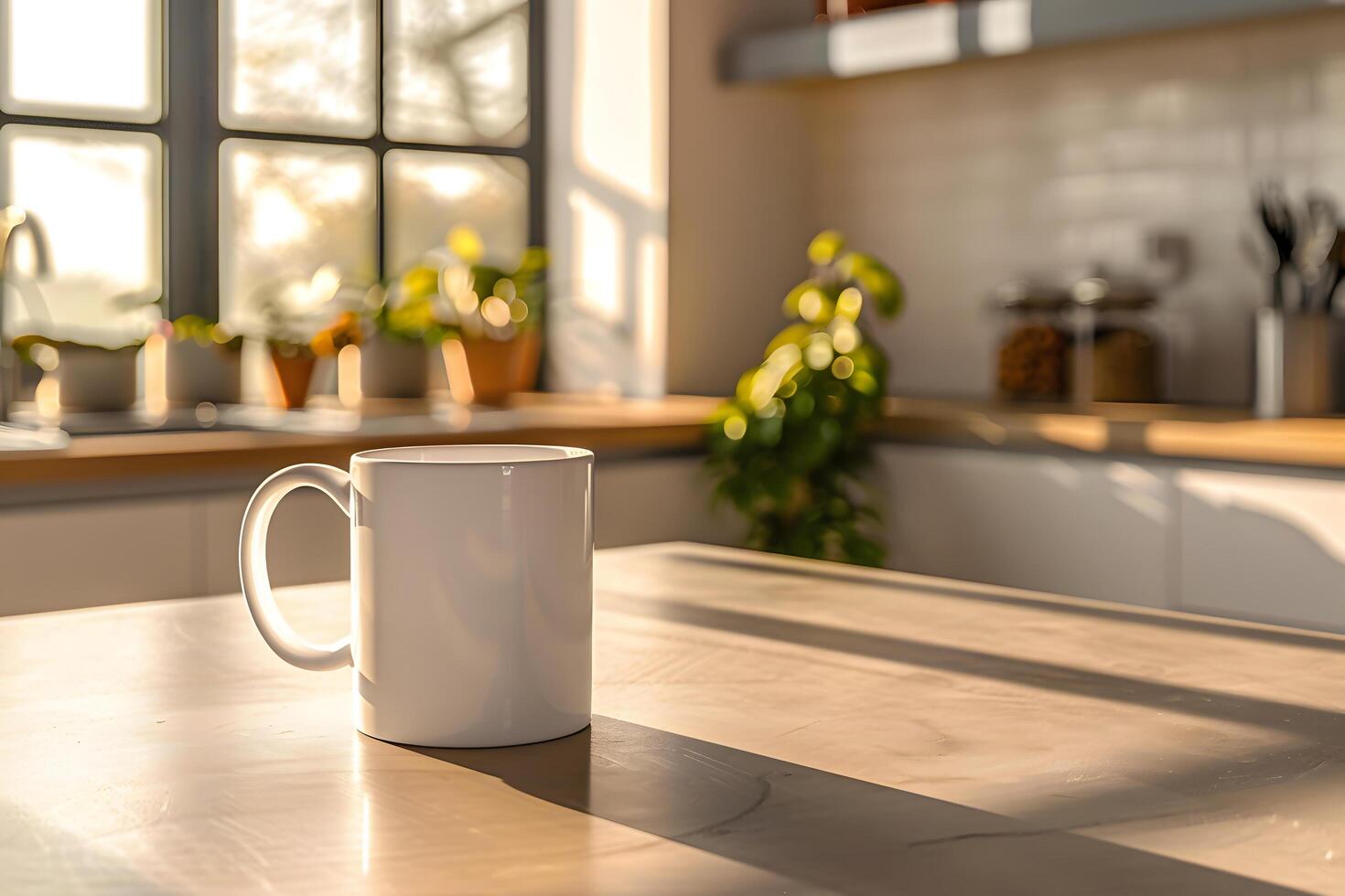 Minimalist mug on a wooden table in a sunlit kitchen with plants. Generative by AI photo