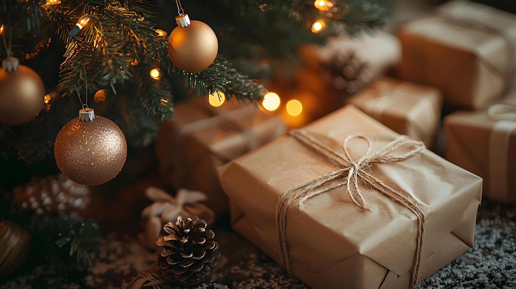 Gifts wrapped in brown paper near a Christmas tree in a cozy winter setting. Generative by AI photo