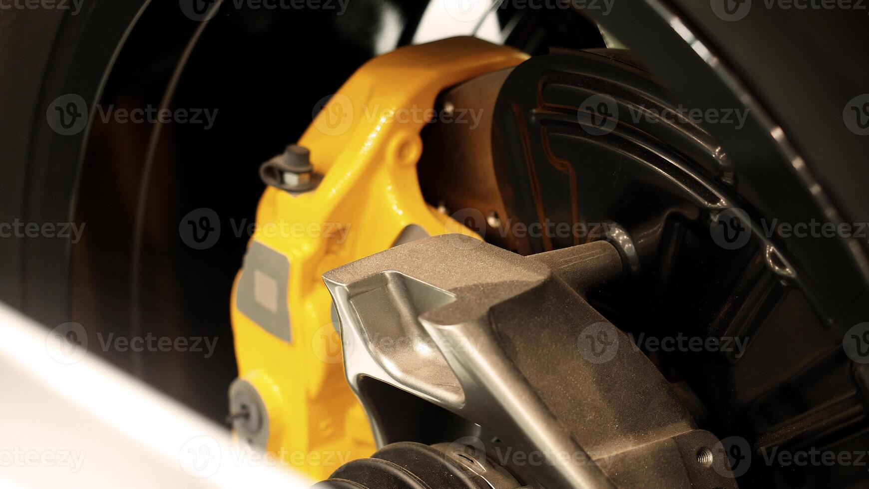 Car suspension and drive shaft. Structure of EV car spare parts. Such as Front or Rear suspension Shock absorber suspension Brake. Elements of the suspension and Chassis structure. Car service repair. photo