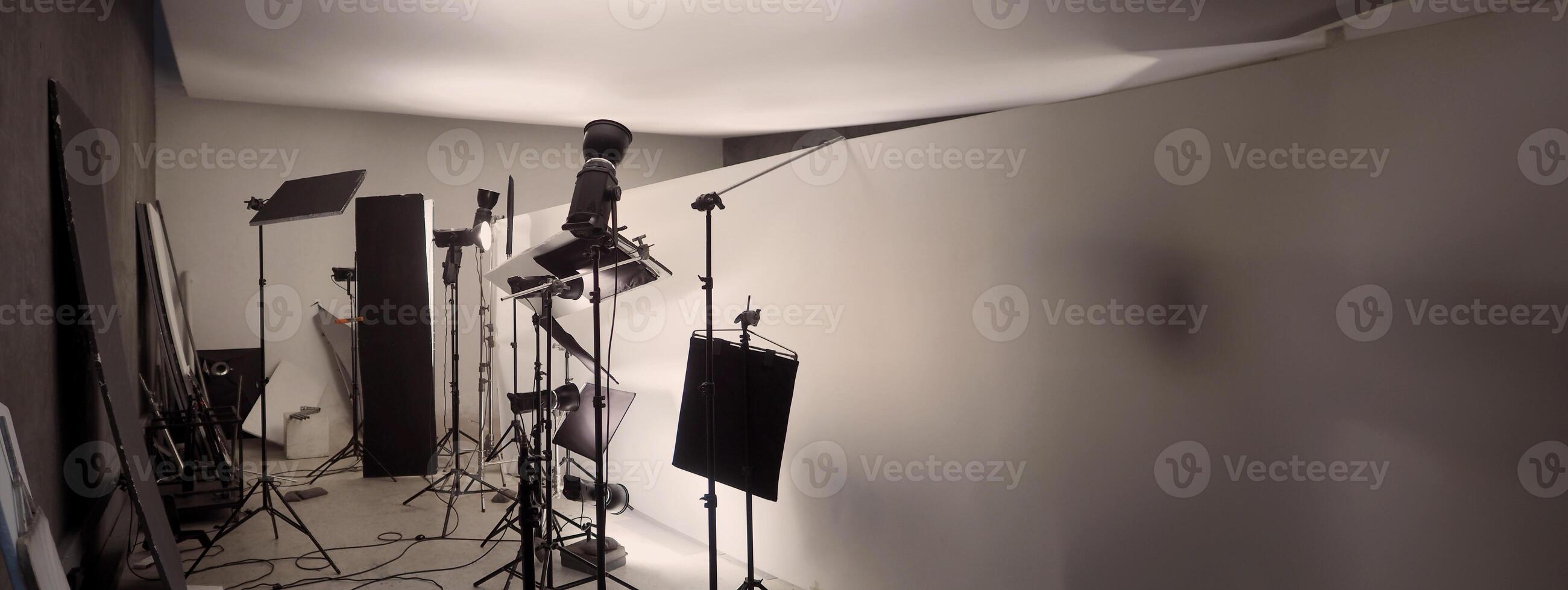 VDO production studio with professional equipment preparation before shooting. photo