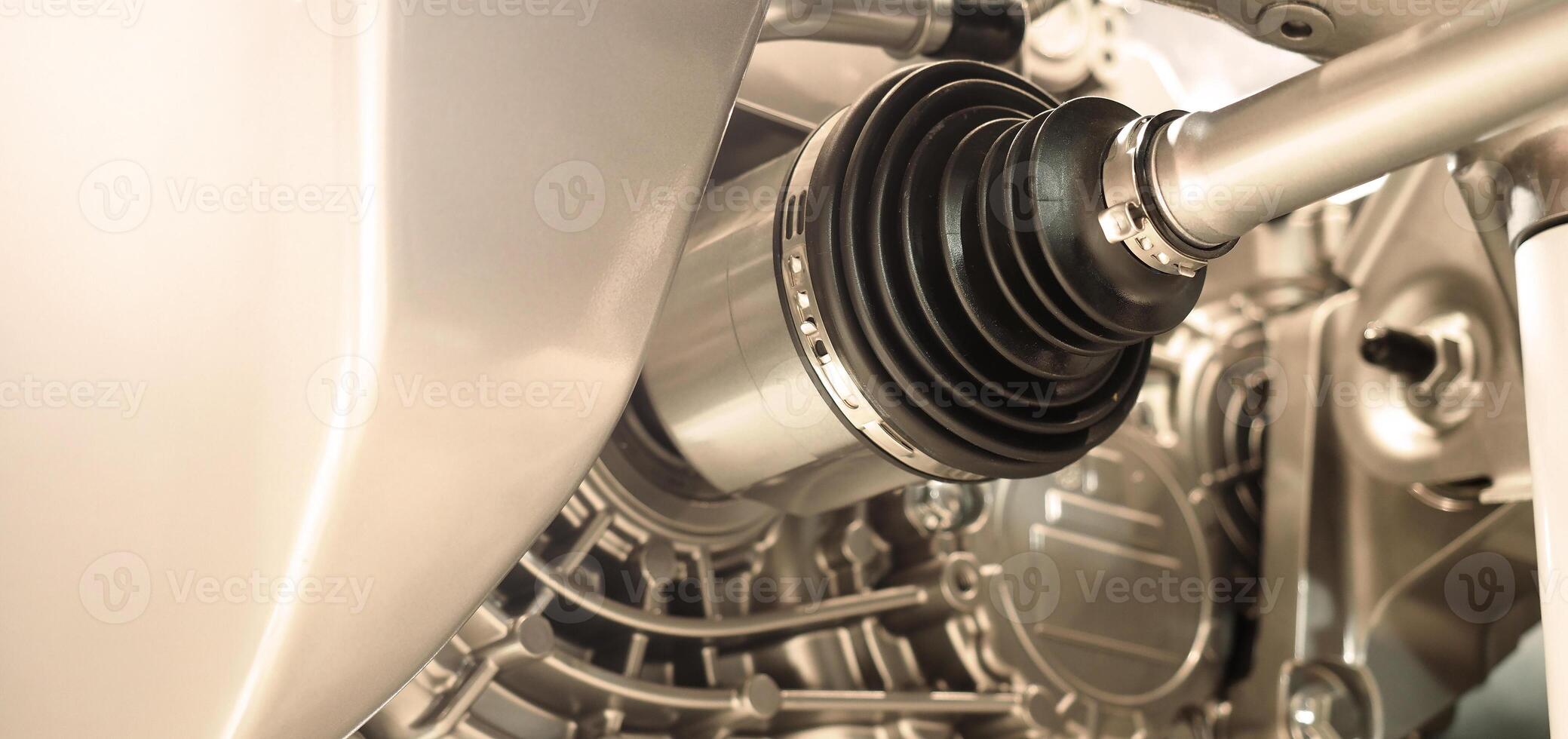 Car suspension and drive shaft. Structure of EV car spare parts. Such as Front or Rear suspension Shock absorber suspension Brake. Elements of the suspension and Chassis structure. Car service repair. photo