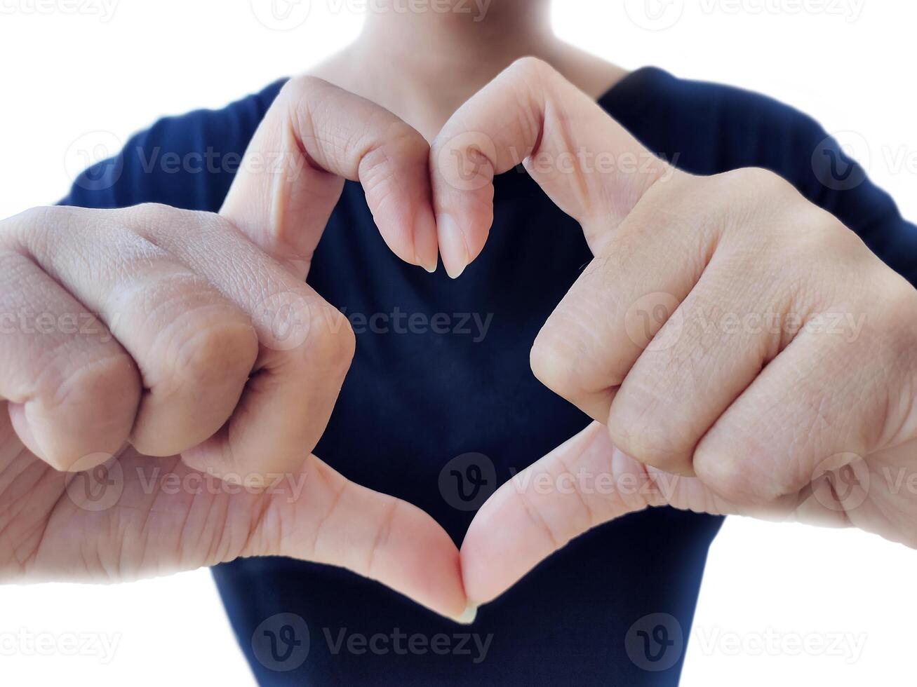 Woman's hands make a heart shape on an isolated white background photo