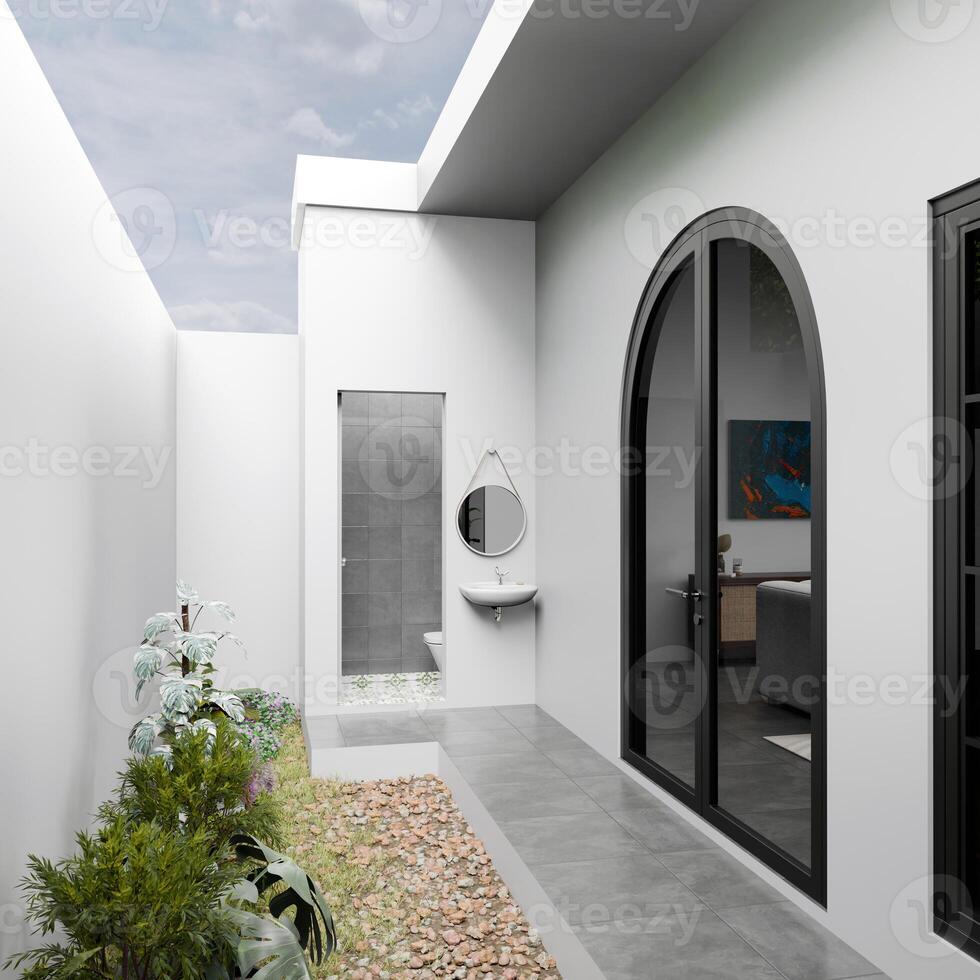 Design of a small minimalist and modern Japanese style house in the community. 3D Rendering photo