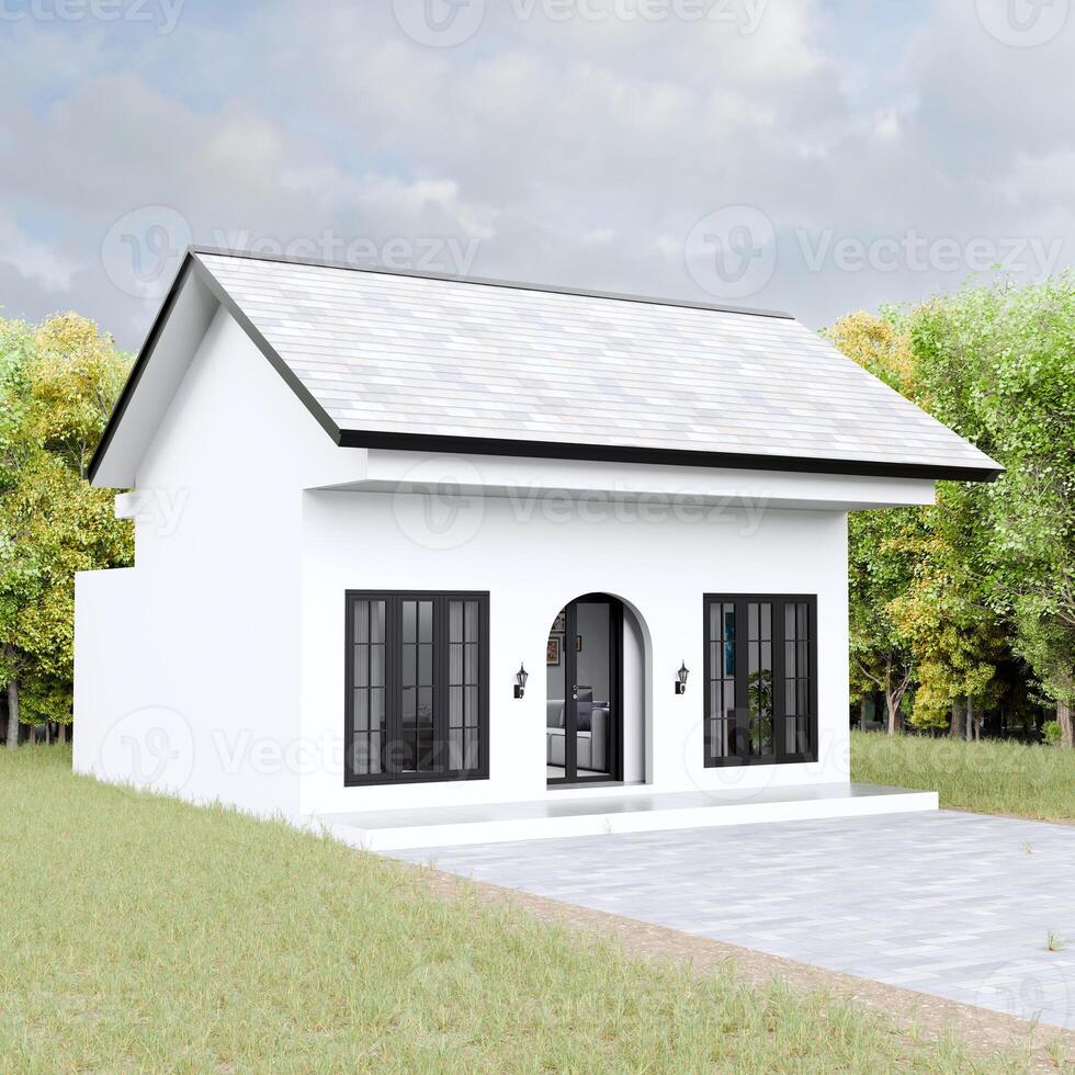 White modern minimalist house with green grass. View into living room. 3D Rendering photo