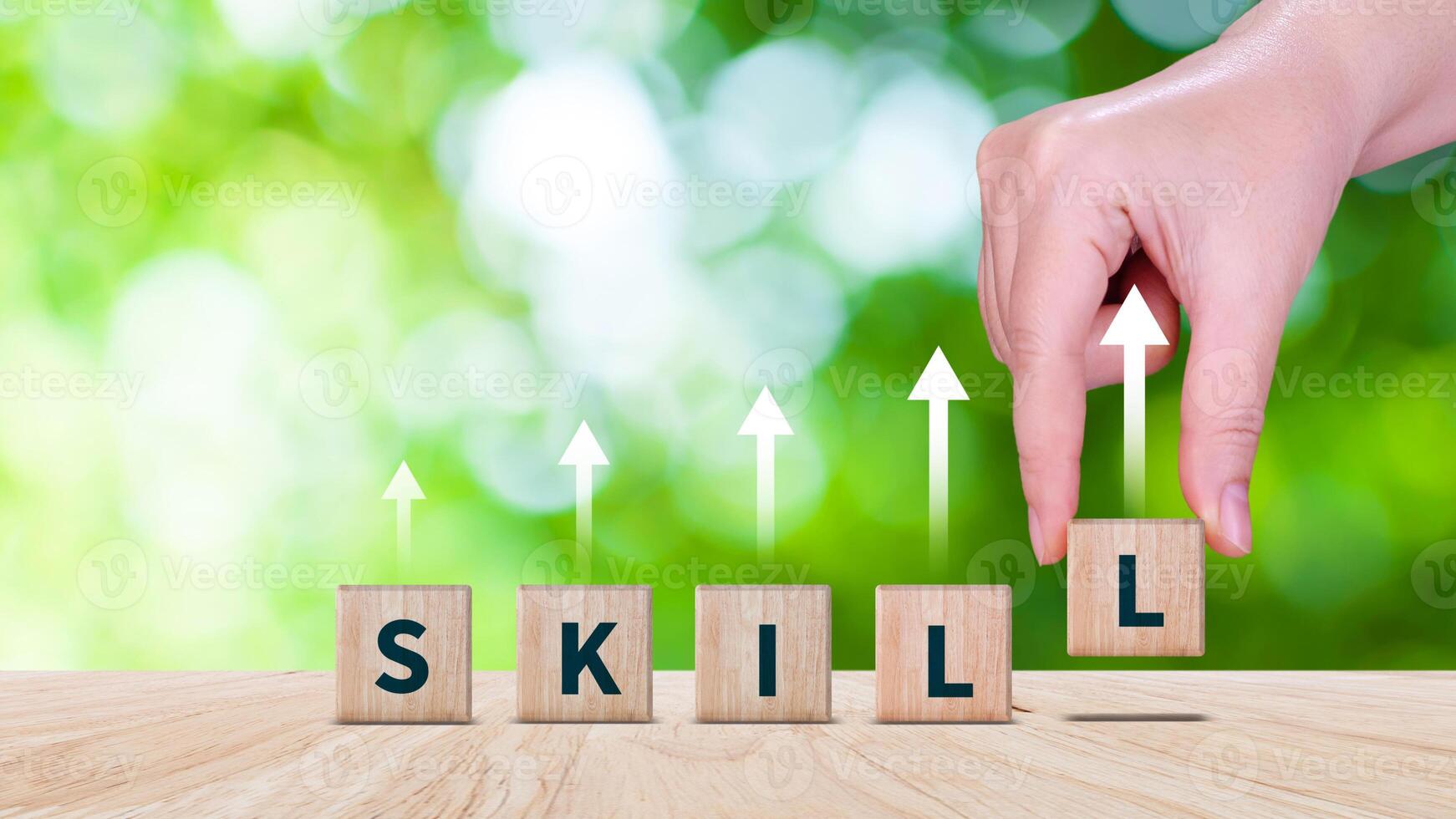 Skill training, Personal development and promoted employee, education, learning, ability, Upskilling and personal development concept, Upskilling, reskilling, new skills on wooden cube. photo
