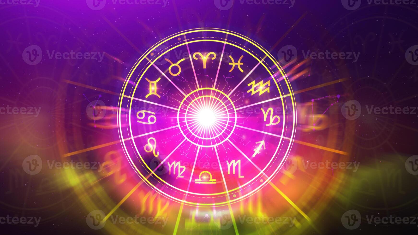 Concept of astrology and horoscope, person inside a zodiac sign wheel, Astrological zodiac signs inside of horoscope circle, Astrology, knowledge of stars in the sky, power of universe concept. photo