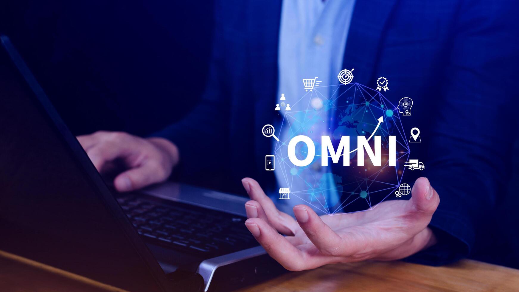 Omni Channel marketing Concept, Digital representation of OMNI CHANNEL marketing, e-commerce, delivery, social media marketing, analytics, customer service engagement. photo