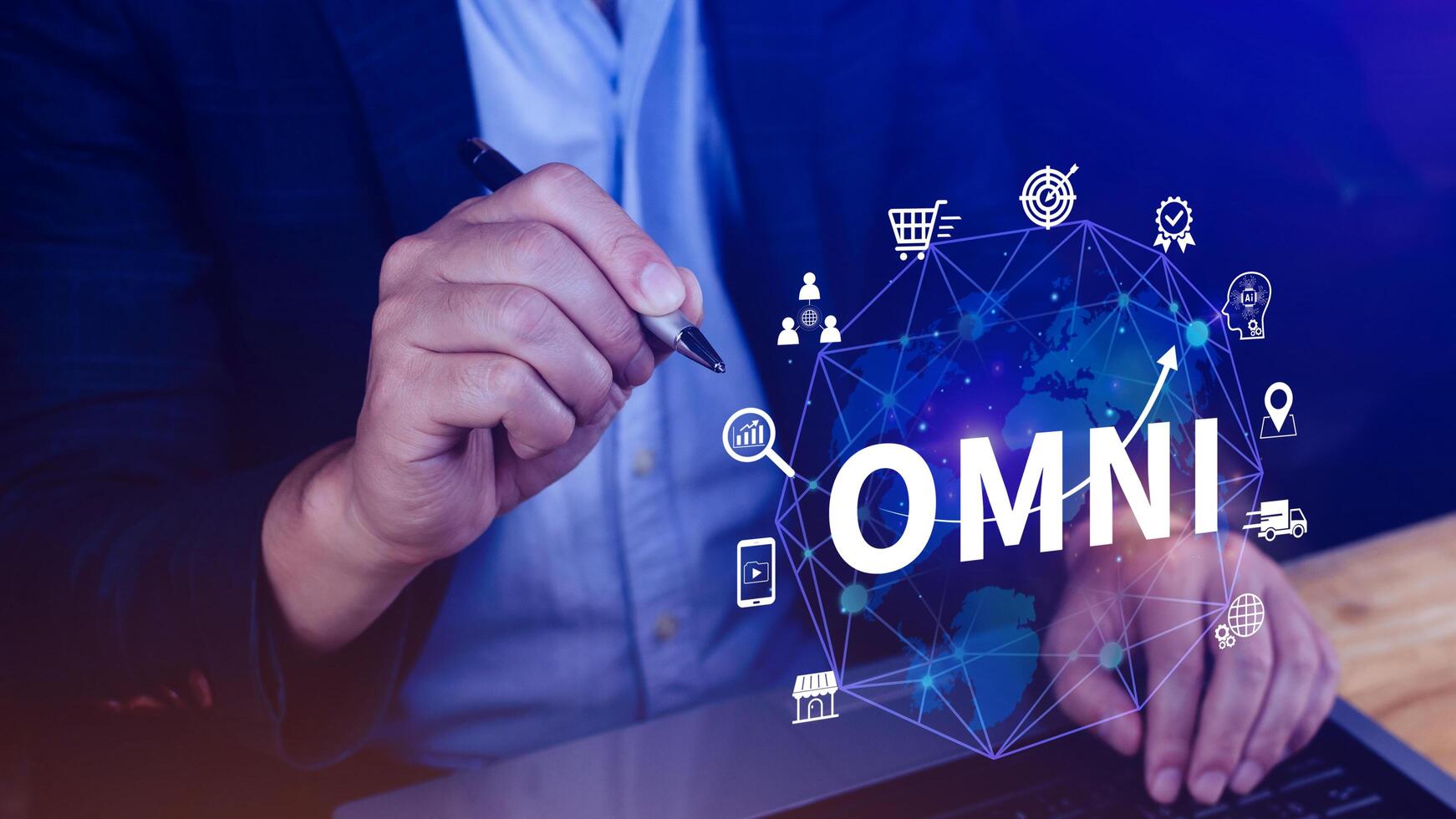 Omni Channel marketing Concept, Digital representation of OMNI CHANNEL marketing, e-commerce, delivery, social media marketing, analytics, customer service engagement. photo