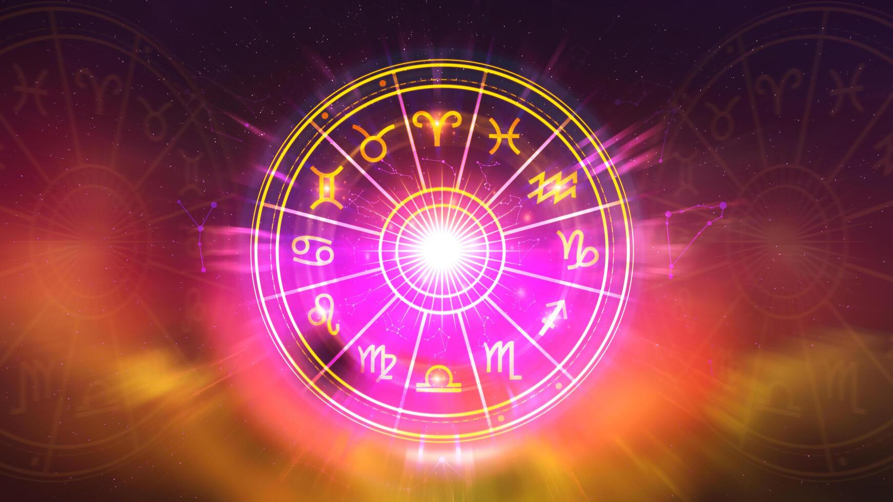 Concept of astrology and horoscope, person inside a zodiac sign wheel, Astrological zodiac signs inside of horoscope circle, Astrology, knowledge of stars in the sky, power of universe concept. photo