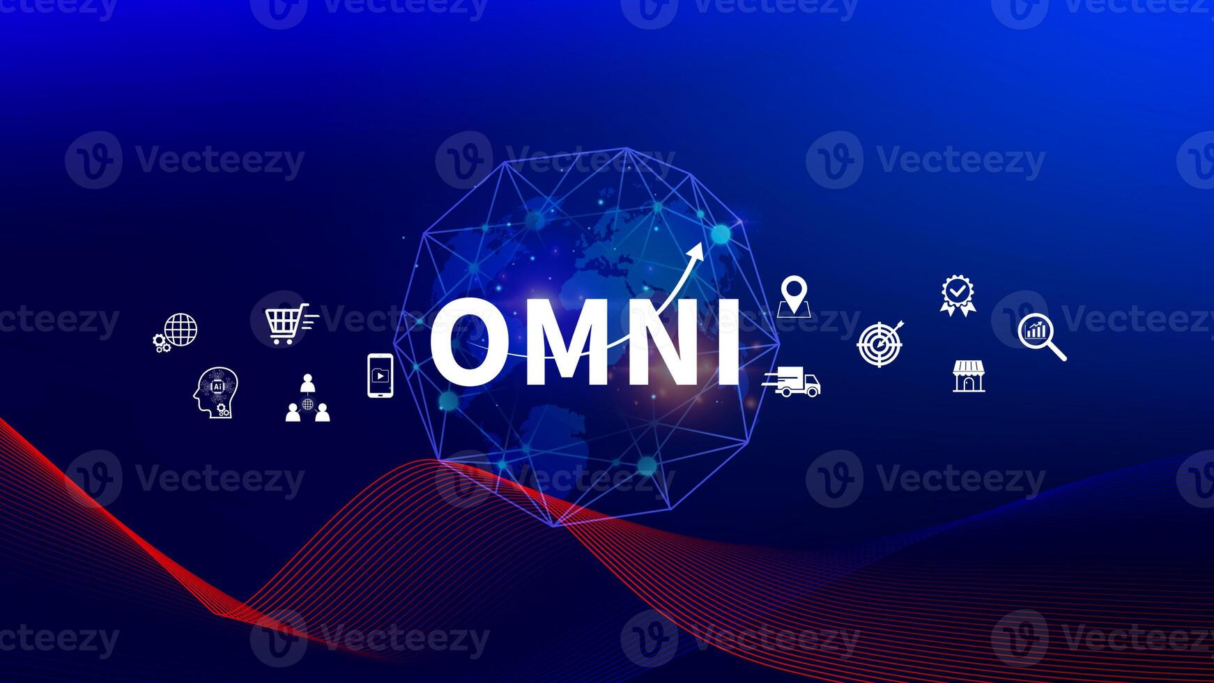 Omni Channel marketing Concept, Digital representation of OMNI CHANNEL marketing, e-commerce, delivery, social media marketing, analytics, customer service engagement. photo