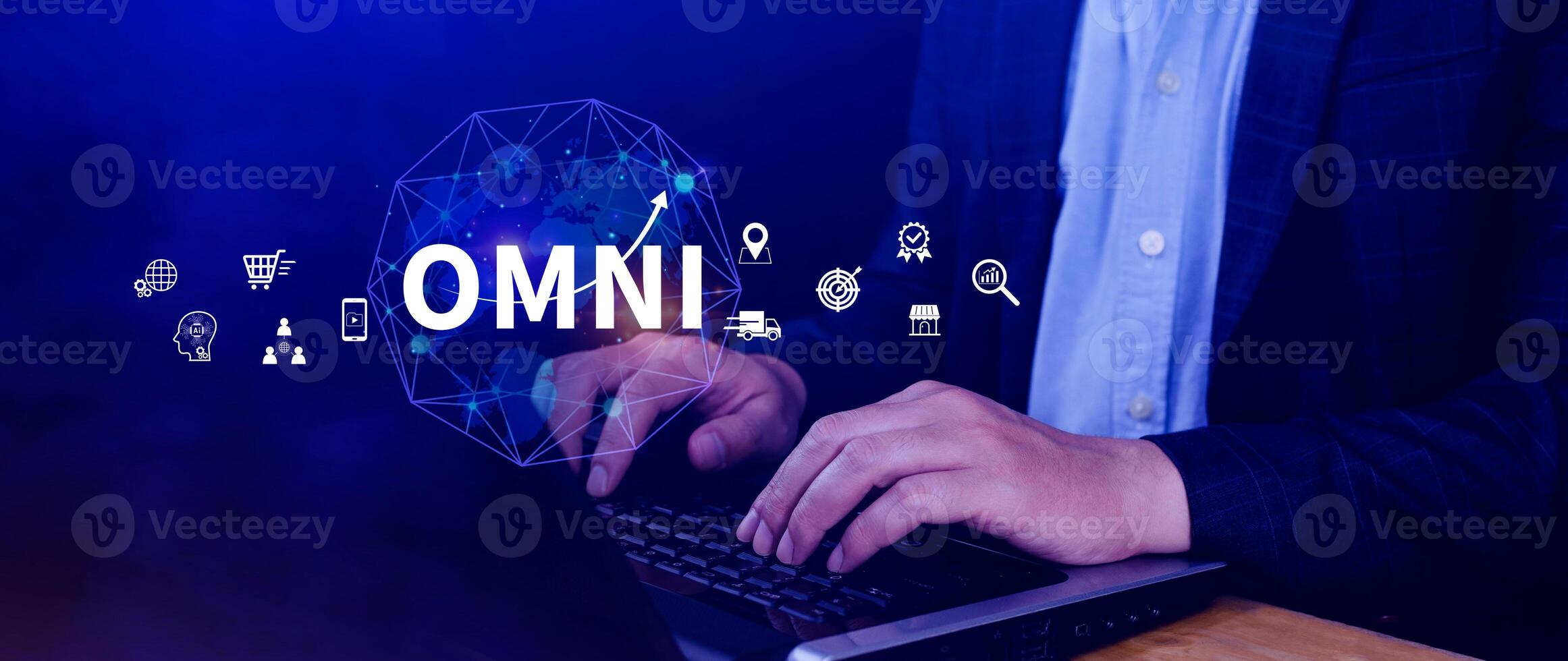 Omni Channel marketing Concept, Digital representation of OMNI CHANNEL marketing, e-commerce, delivery, social media marketing, analytics, customer service engagement. photo