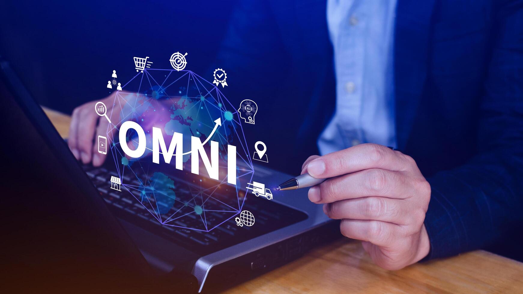 Omni Channel marketing Concept, Digital representation of OMNI CHANNEL marketing, e-commerce, delivery, social media marketing, analytics, customer service engagement. photo