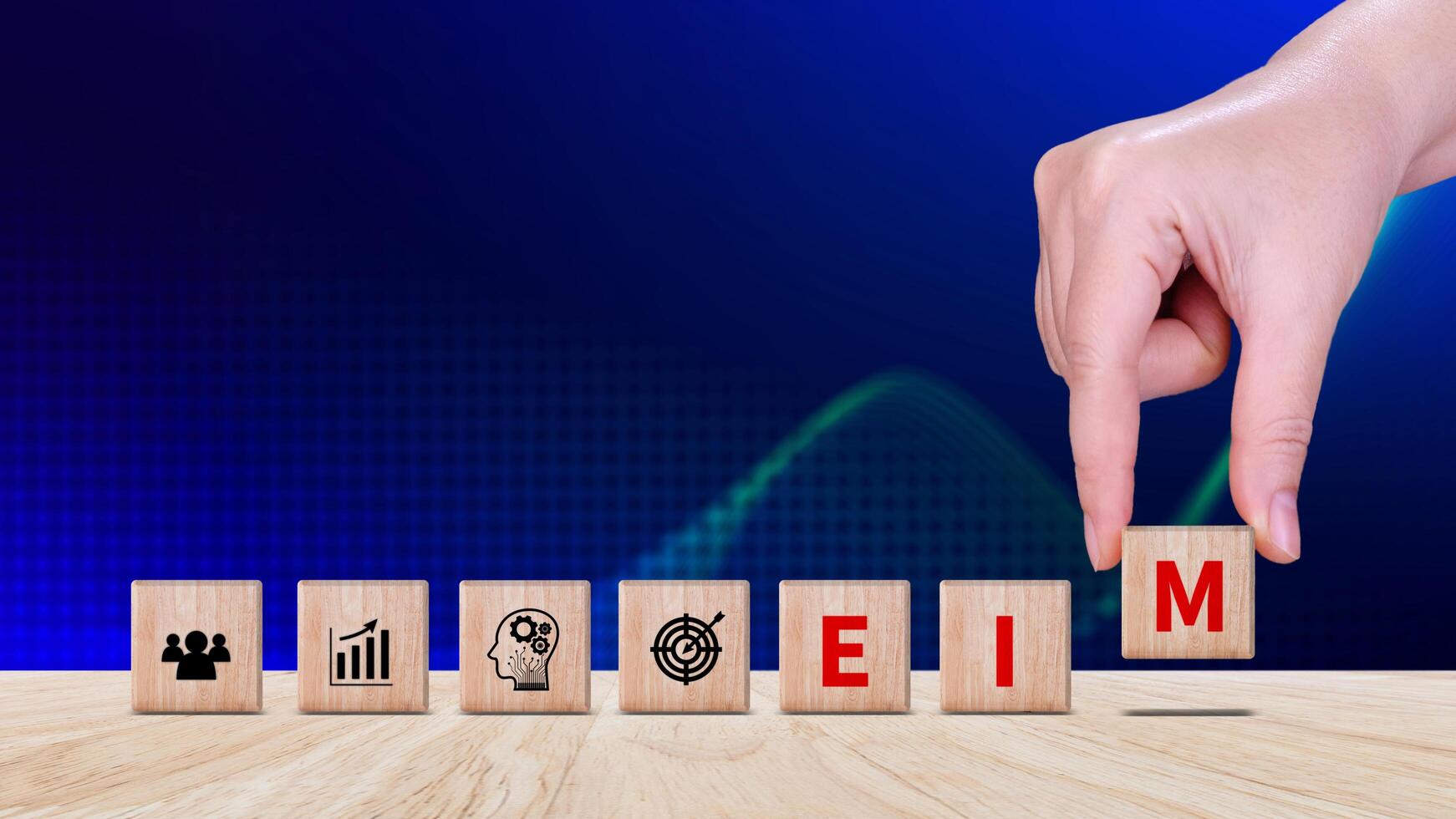 EIM Enterprise information management system on wooden cubes, EIM Global Network with Analyzing Technological Data, Efficient Information Management. photo