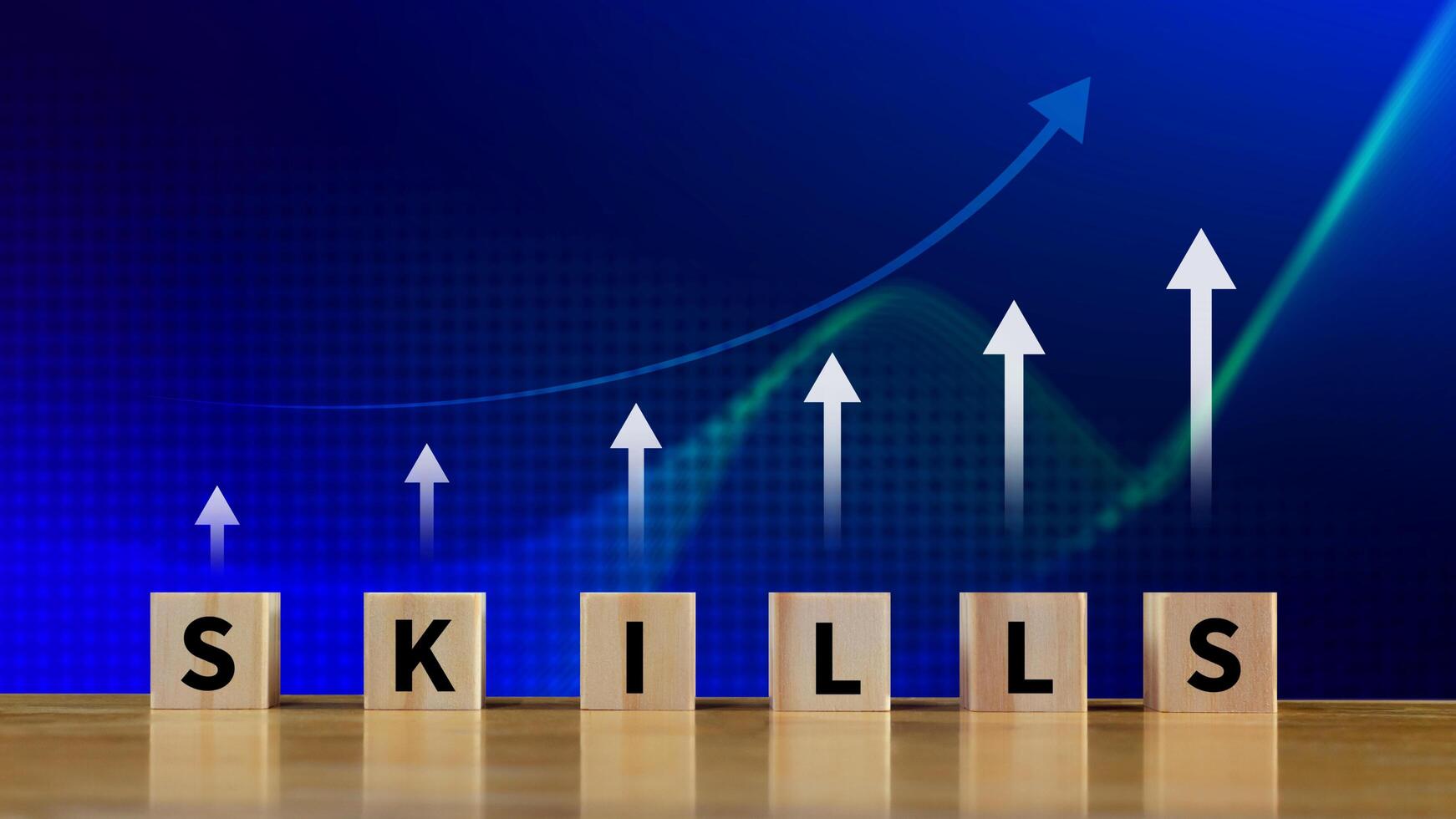 Skill training, Personal development and promoted employee, education, learning, ability, Upskilling and personal development concept, Upskilling, reskilling, new skills on wooden cube. photo