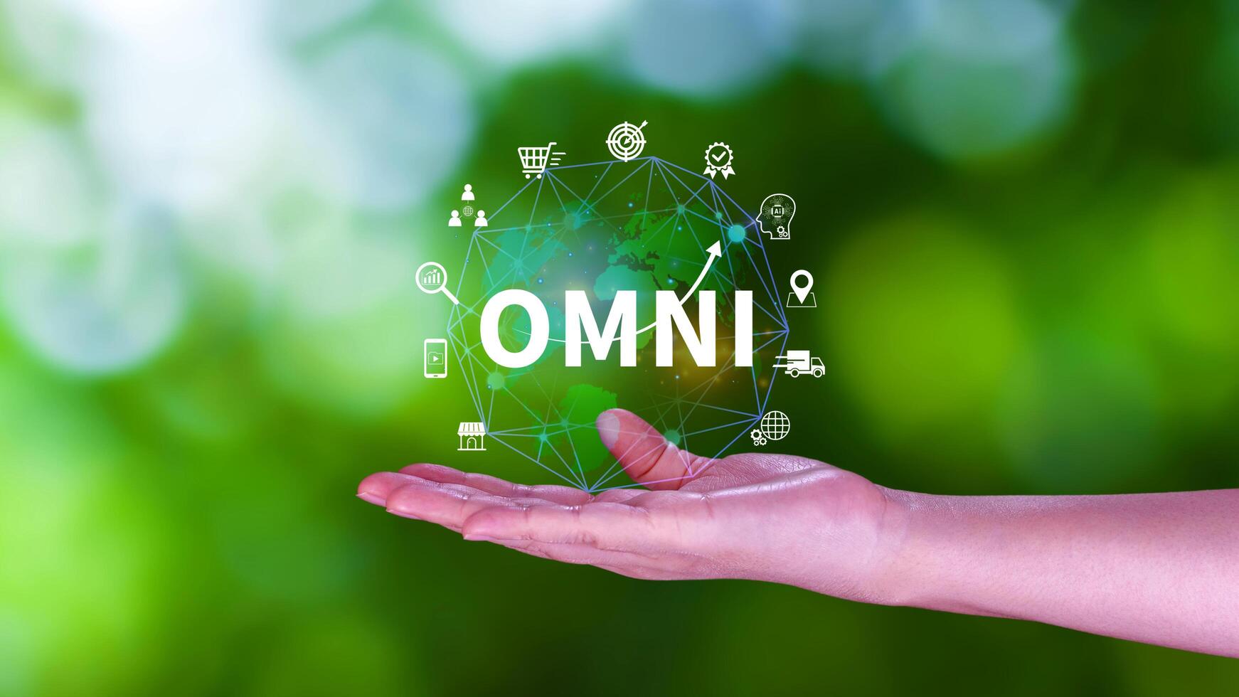 Omni Channel marketing Concept, Digital representation of OMNI CHANNEL marketing, e-commerce, delivery, social media marketing, analytics, customer service engagement. photo