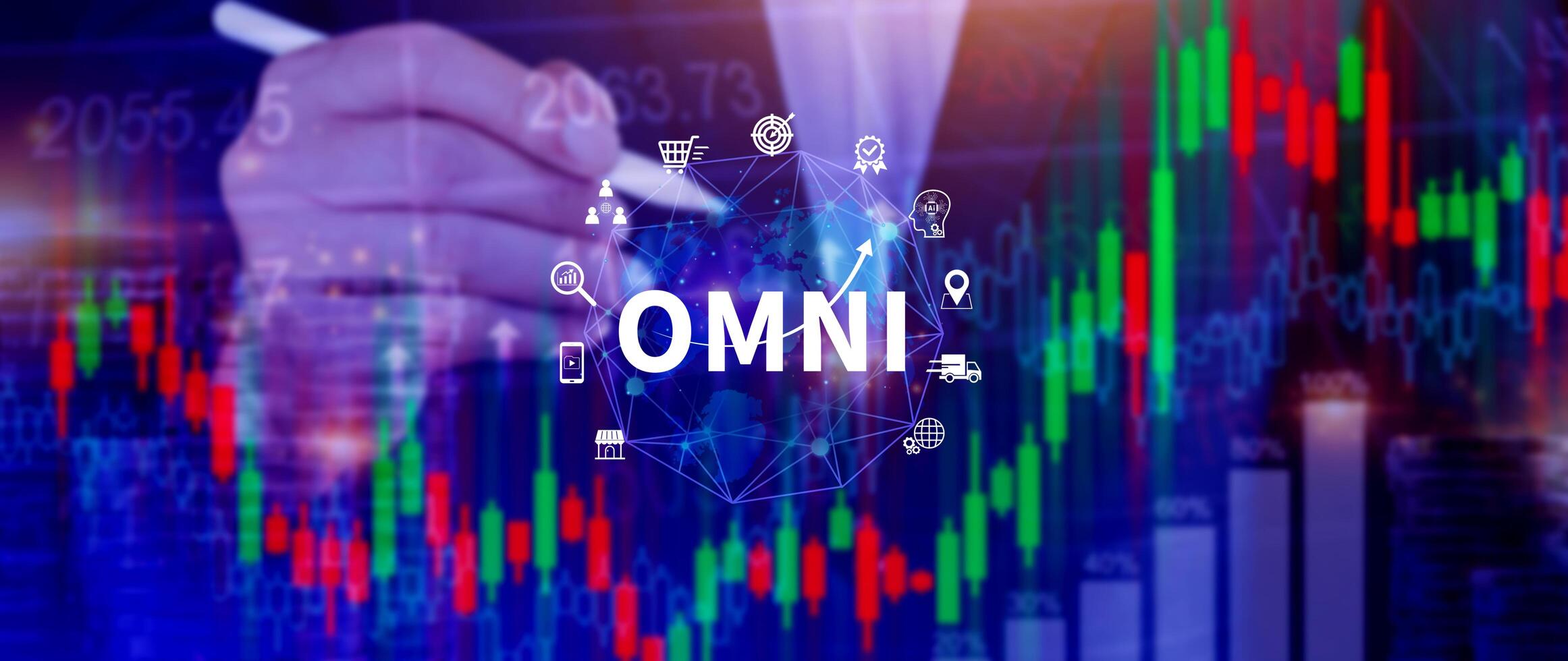 Omni Channel marketing Concept, Digital representation of OMNI CHANNEL marketing, e-commerce, delivery, social media marketing, analytics, customer service engagement. photo
