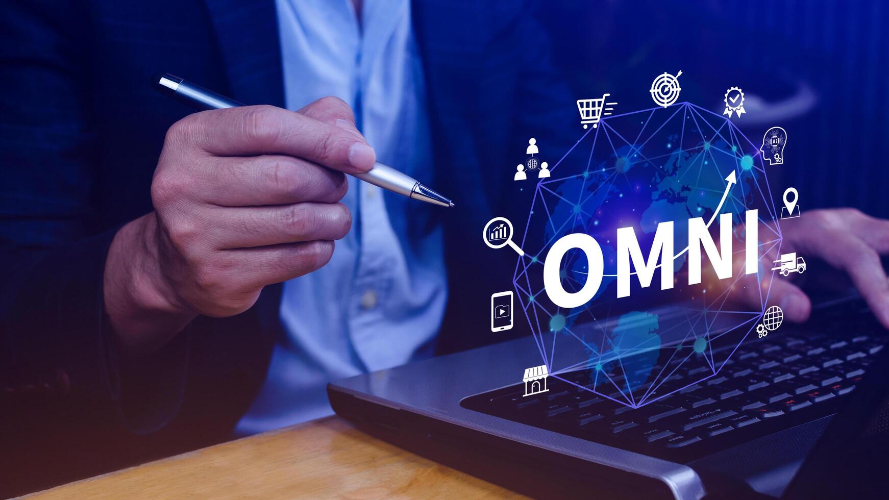 Omni Channel marketing Concept, Digital representation of OMNI CHANNEL marketing, e-commerce, delivery, social media marketing, analytics, customer service engagement. photo