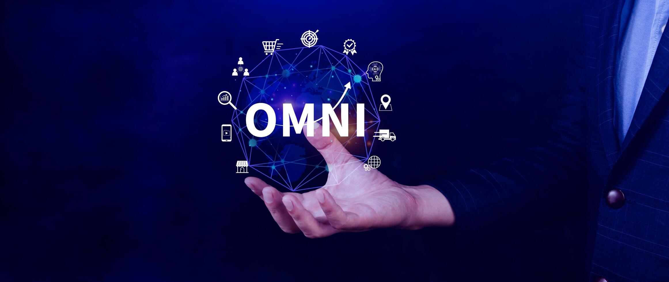 Omni Channel marketing Concept, Digital representation of OMNI CHANNEL marketing, e-commerce, delivery, social media marketing, analytics, customer service engagement. photo