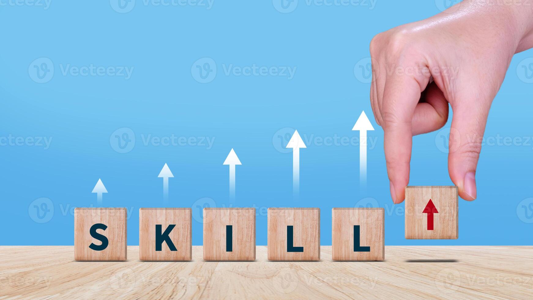 Skill training, Personal development and promoted employee, education, learning, ability, Upskilling and personal development concept, Upskilling, reskilling, new skills on wooden cube. photo
