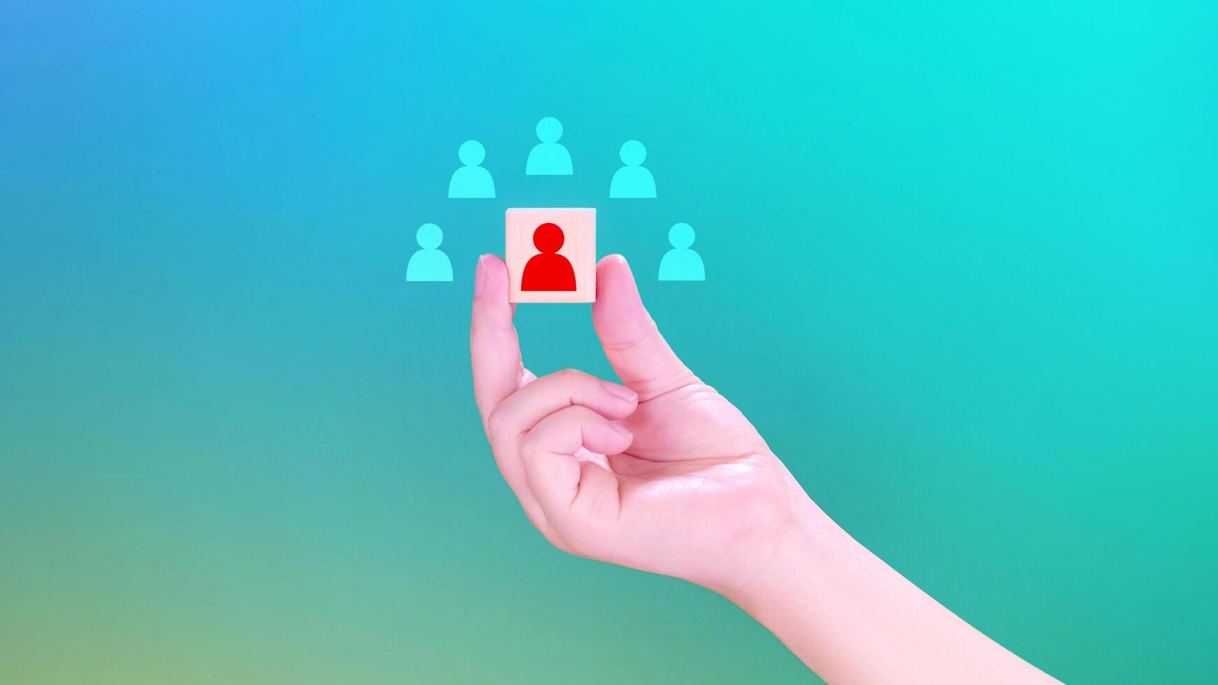 Human resources management and business hire recruitment concept, Corporate hierarchy, recruiter to complete team by leader person, professional staff search, icon on wooden cube. photo
