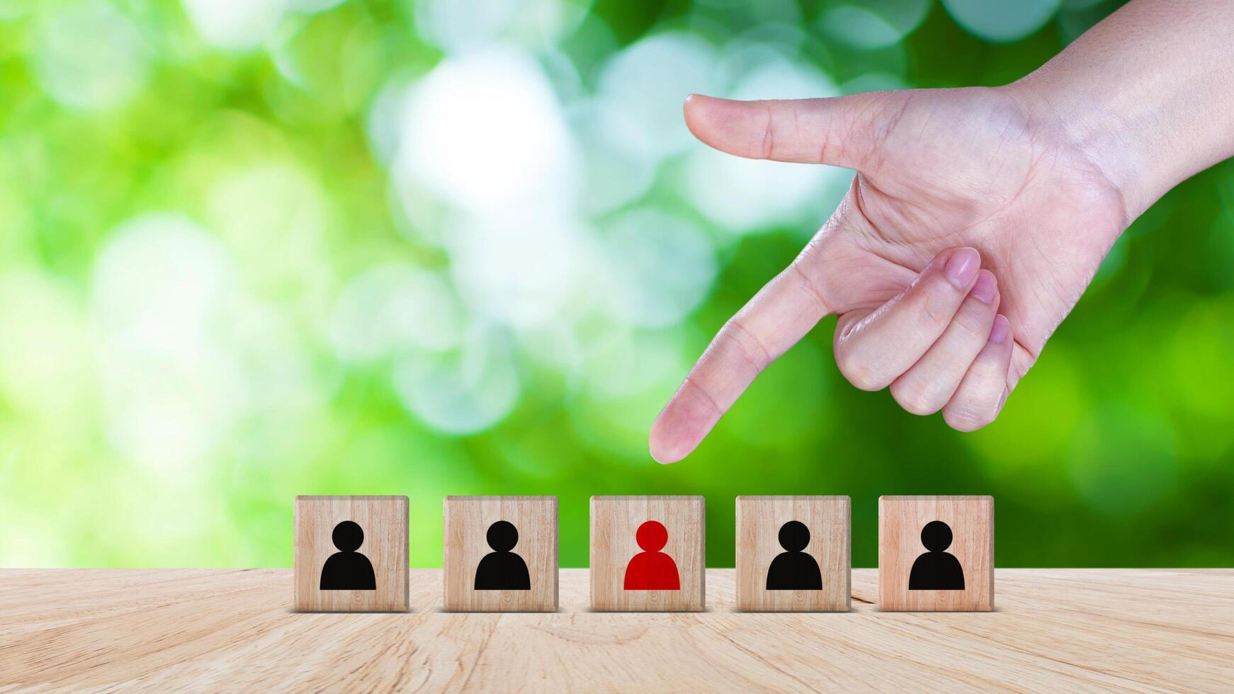 Human resources management and business hire recruitment concept, Corporate hierarchy, recruiter to complete team by leader person, professional staff search, icon on wooden cube. photo