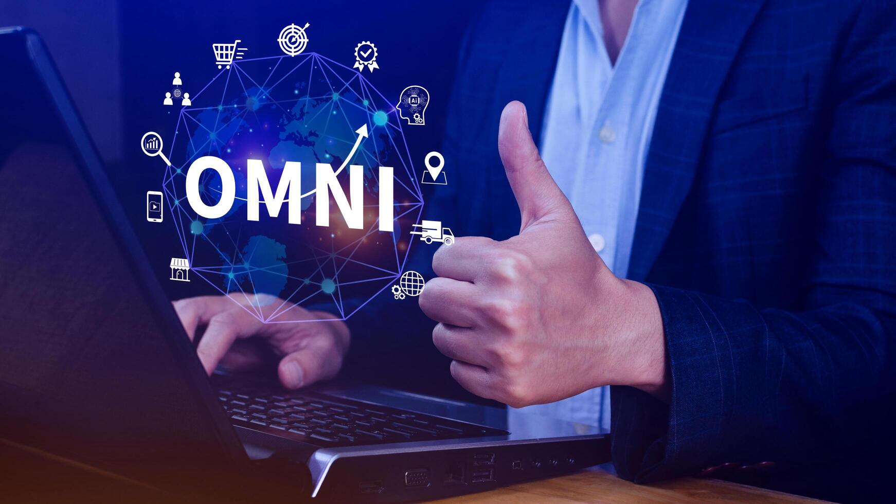 Omni Channel marketing Concept, Digital representation of OMNI CHANNEL marketing, e-commerce, delivery, social media marketing, analytics, customer service engagement. photo